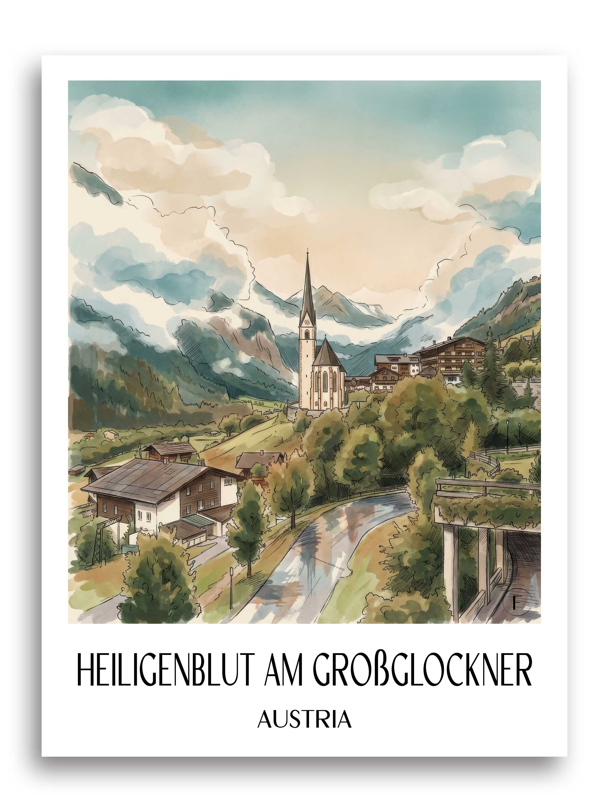 Heiligenblut am Großglockner Poster - Kärnten - Österreich Kunstdruck - Aquarell von A4 bis A1 - favplace