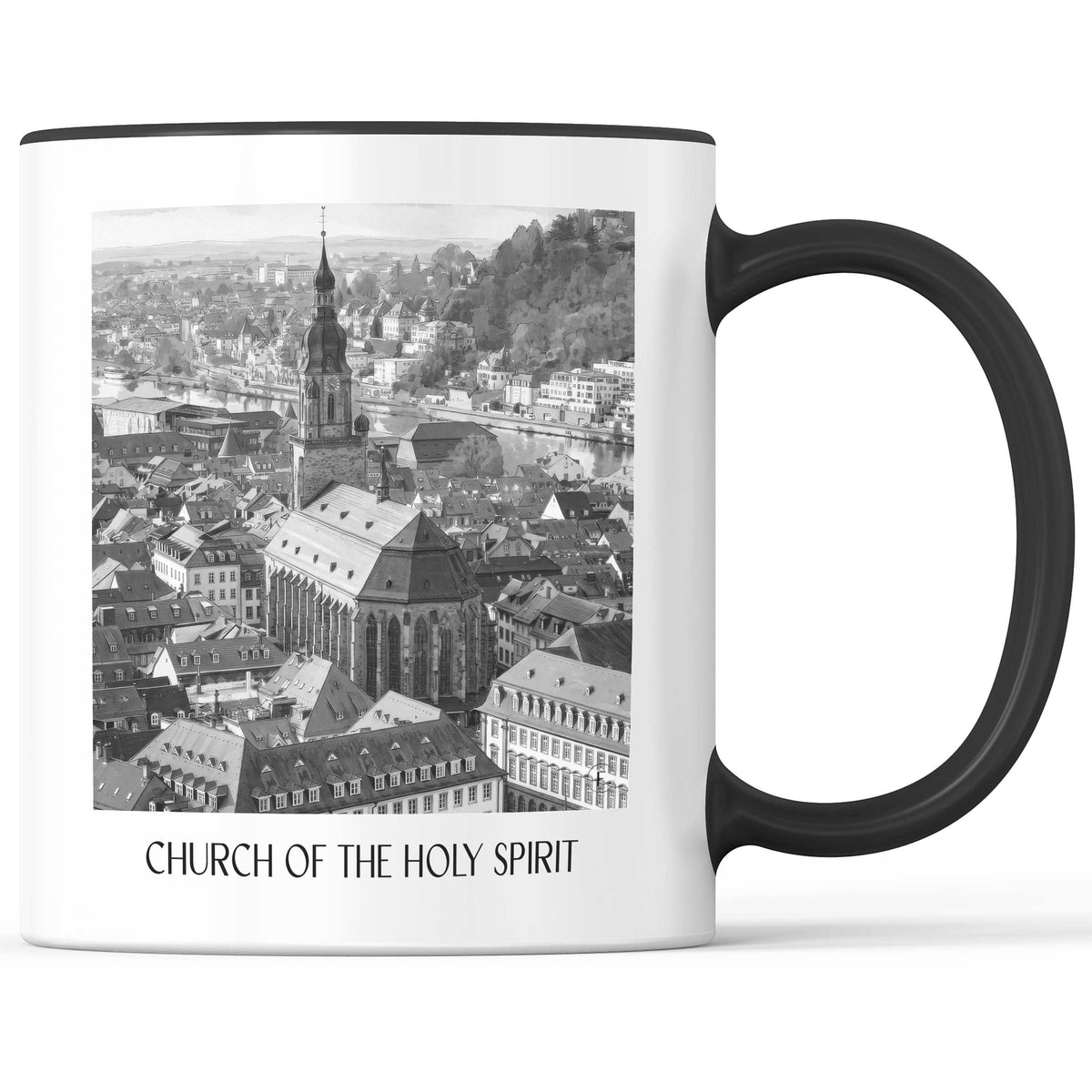 Heiliggeistkirche Kaffeebecher - Heidelberg - Deutschland Becher - Kaffeetasse im Aquarell Schwarz-Weiß Stil - favplace