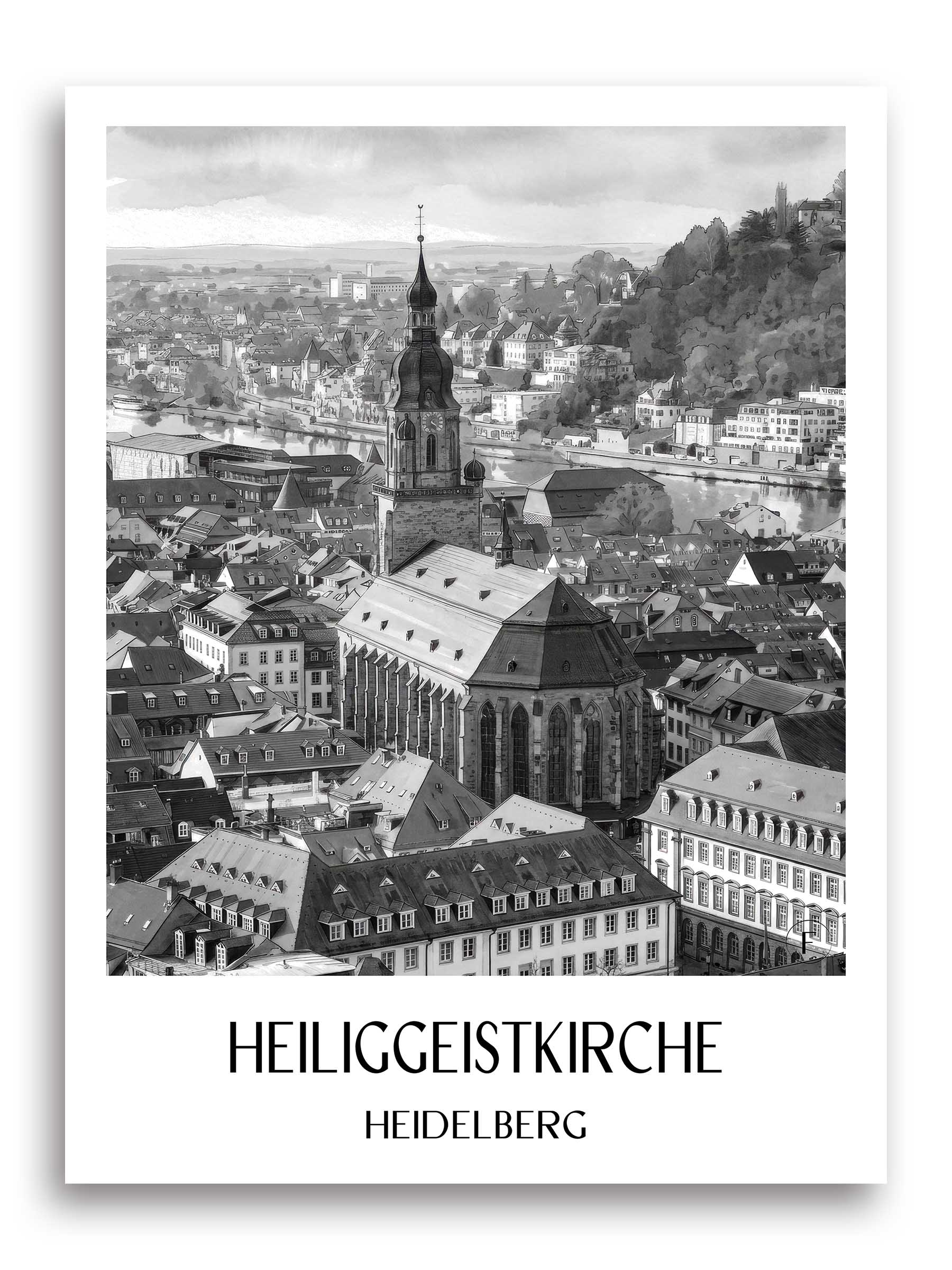 heiliggeistkirche-heidelberg-deutschland-poster-aquarell-schwarz-weiss