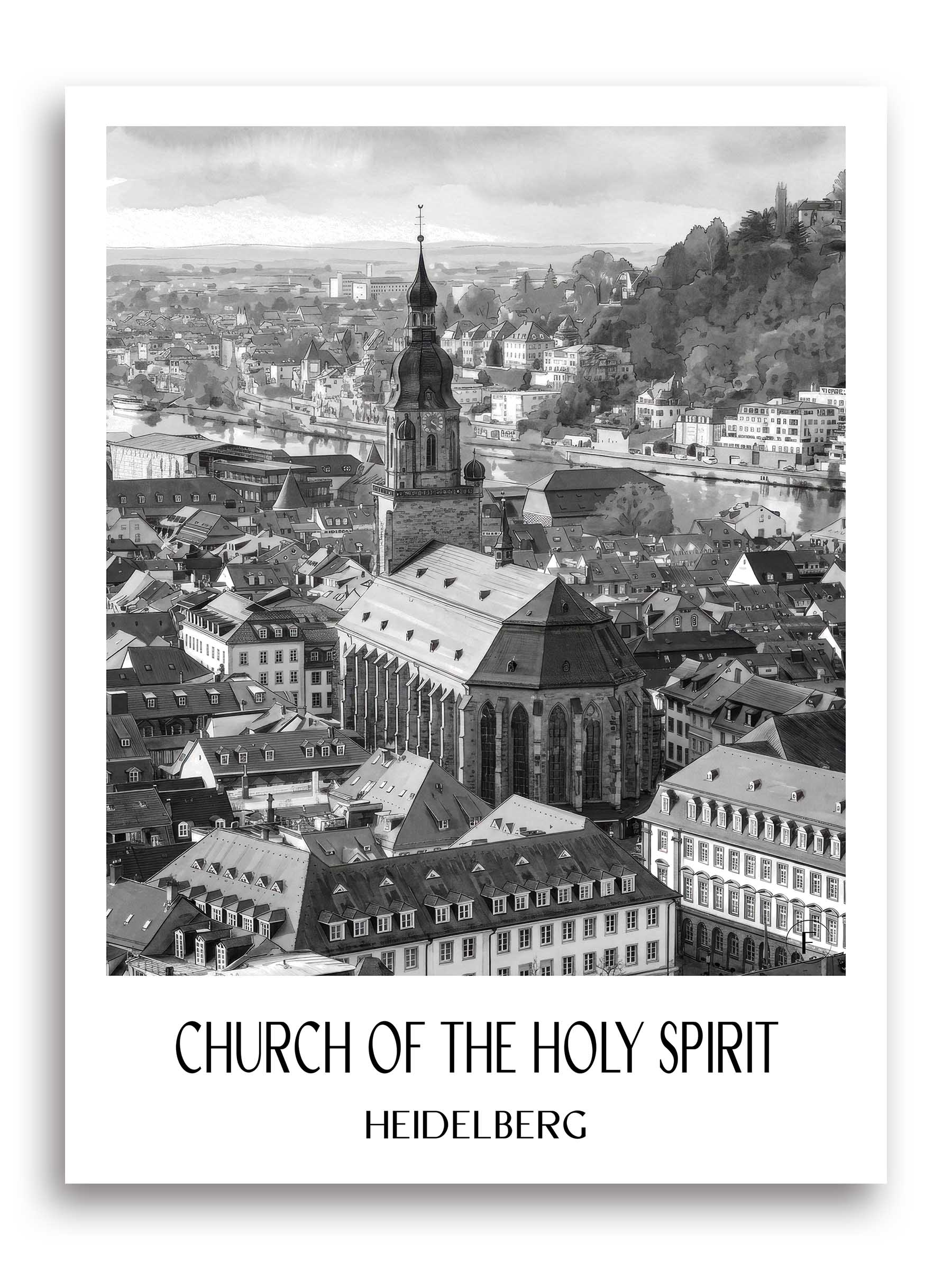 Heiliggeistkirche Poster - Heidelberg - Deutschland Kunstdruck - Aquarell Schwarz-Weiß von A4 bis A1