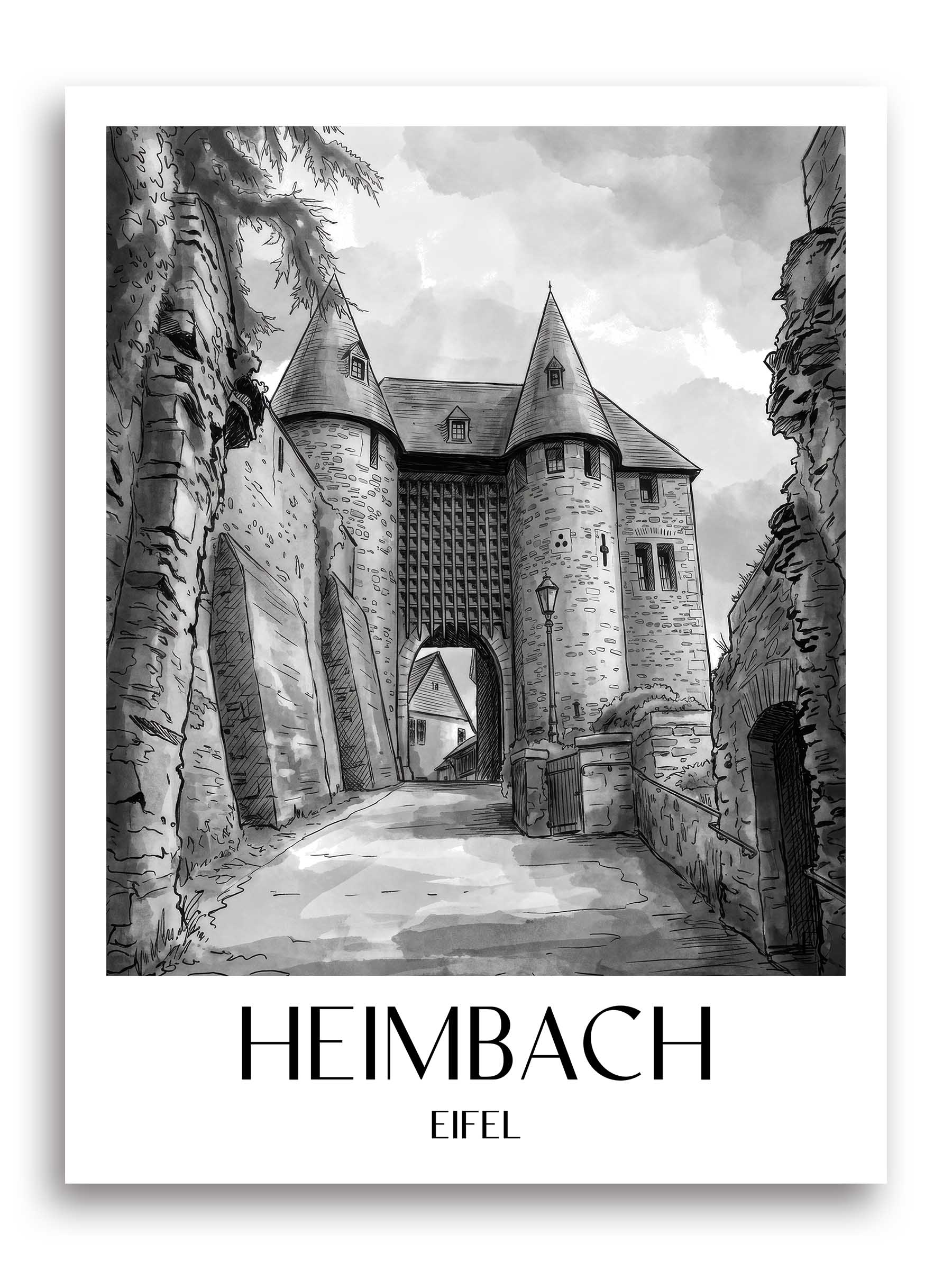 heimbach-eifel-deutschland-poster-aquarell-schwarz-weiss