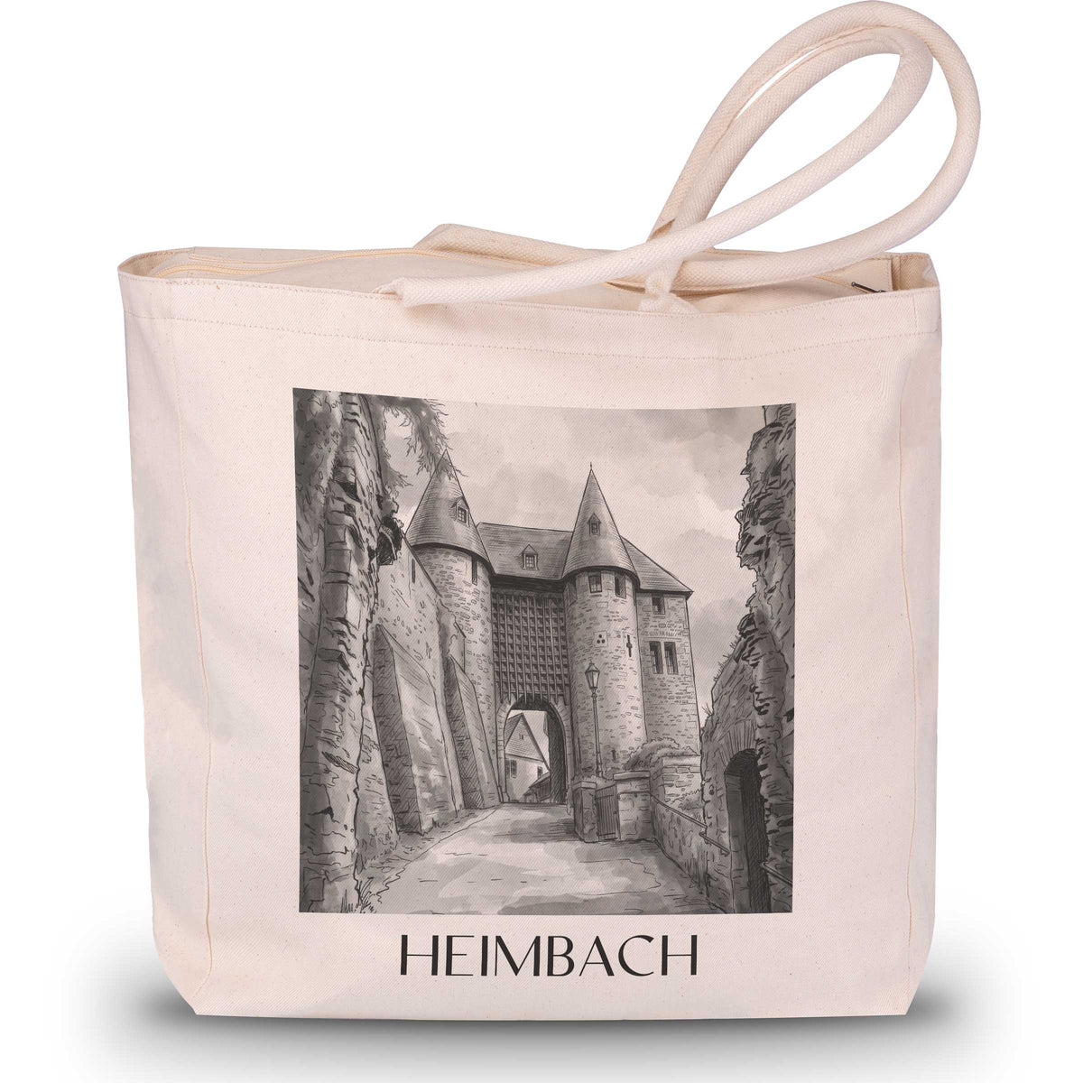 Heimbach Shopping Tasche - Eifel - Deutschland Tote Bag - Einkaufstasche im Aquarell Schwarz-Weiß Stil - favplace
