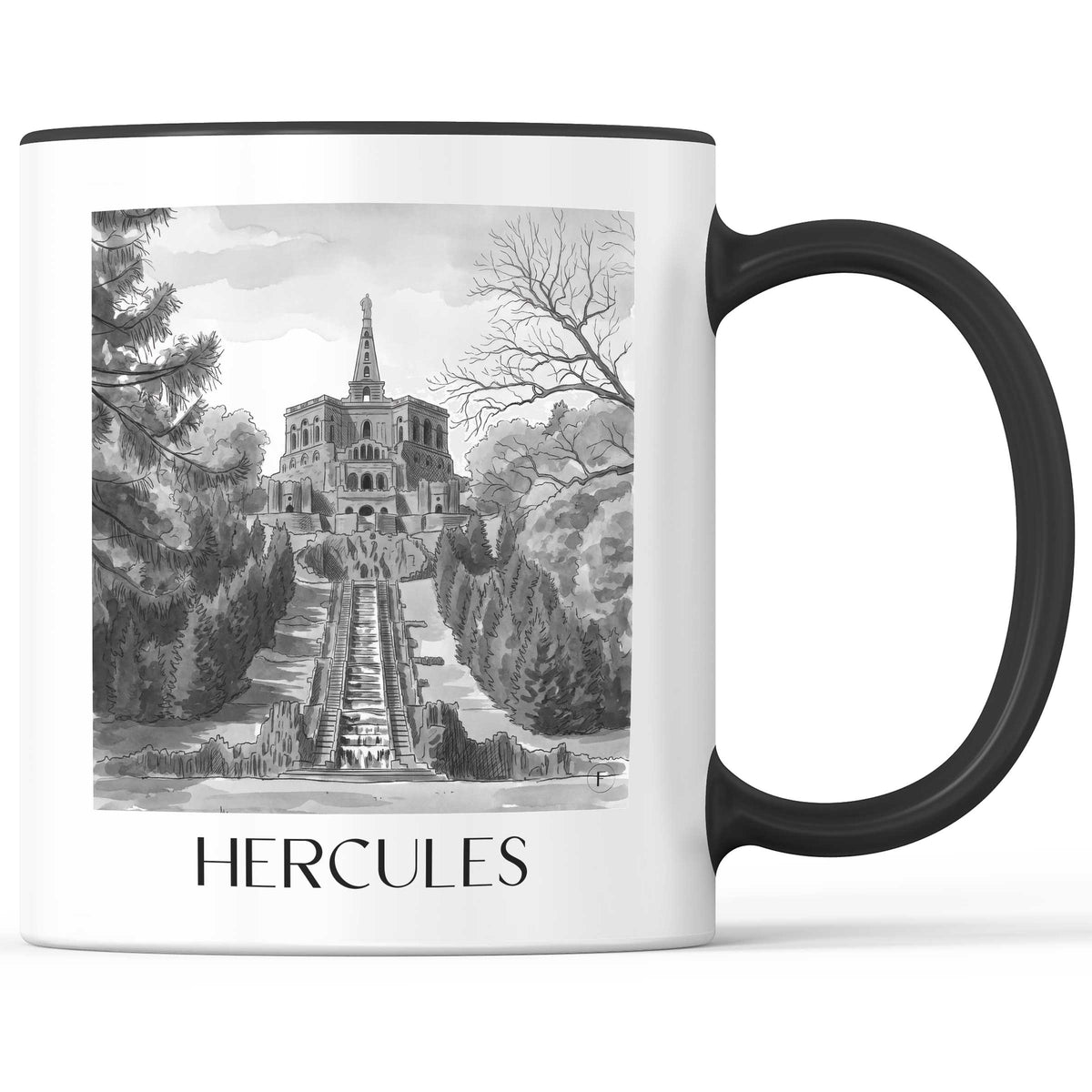 Herkules Kaffeebecher - Kassel - Deutschland Becher - Kaffeetasse im Aquarell Schwarz-Weiß Stil - favplace