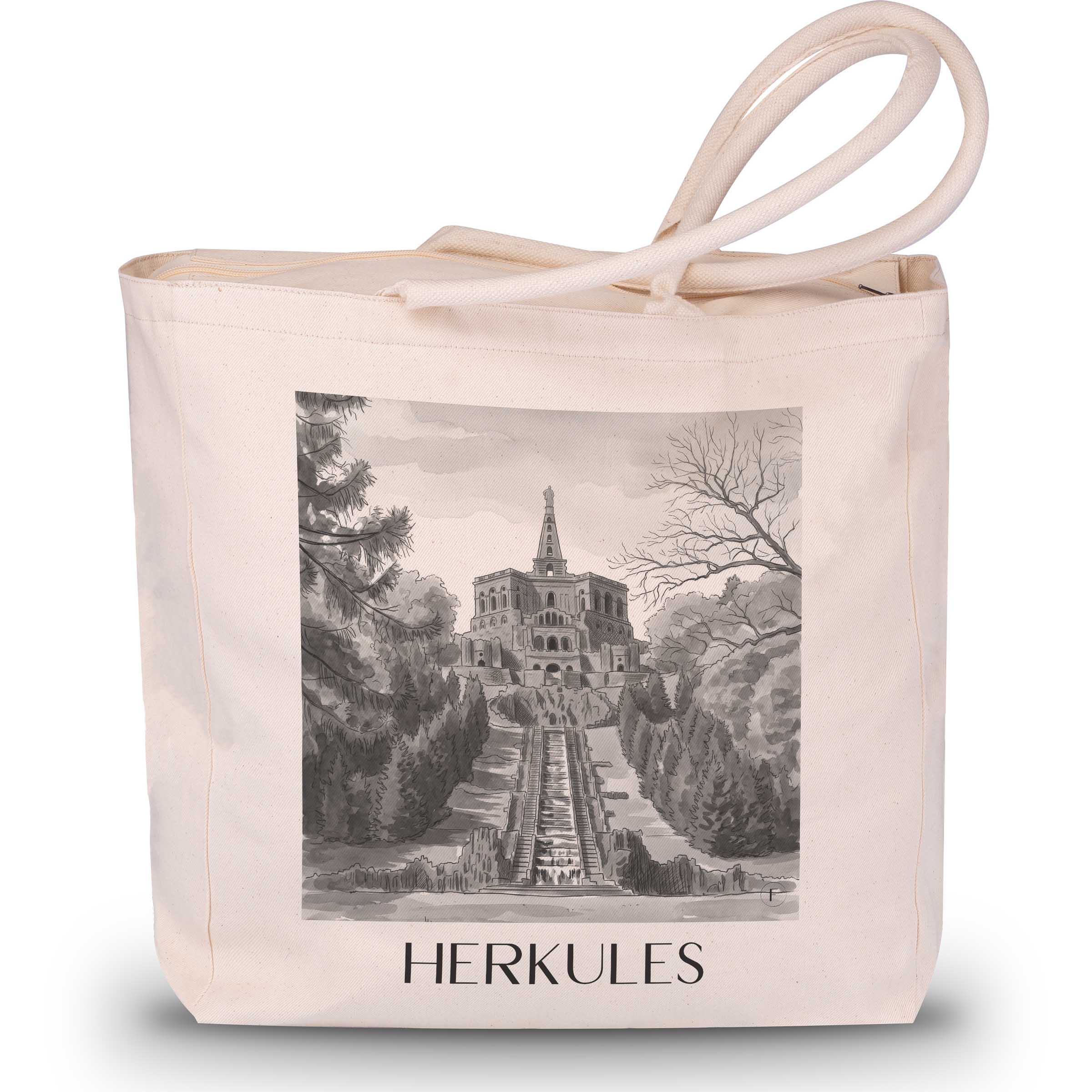 herkules-kassel-deutschland-einkaufstasche-aquarell-schwarz-weiss