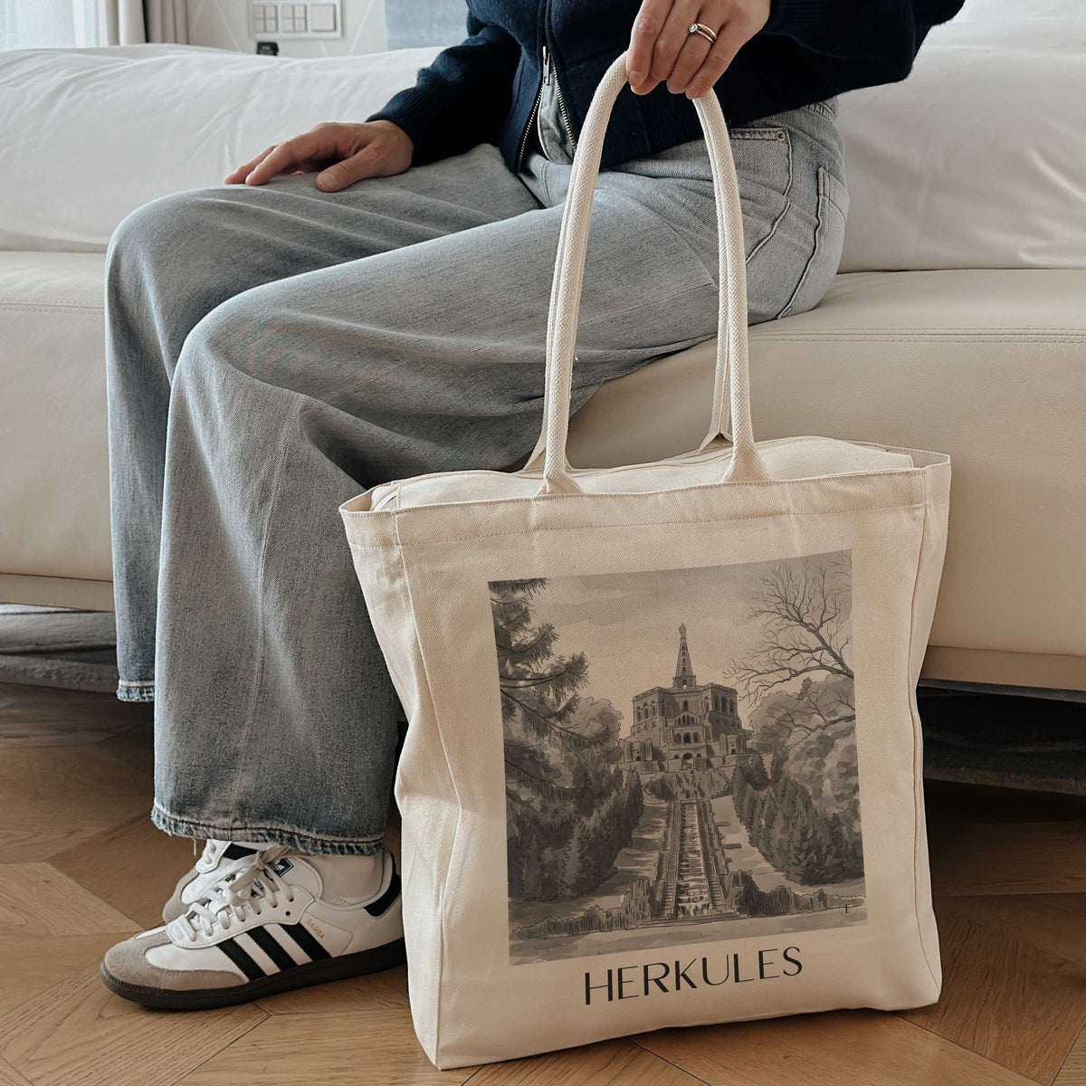 herkules-kassel-deutschland-einkaufstasche-aquarell-schwarz-weiss