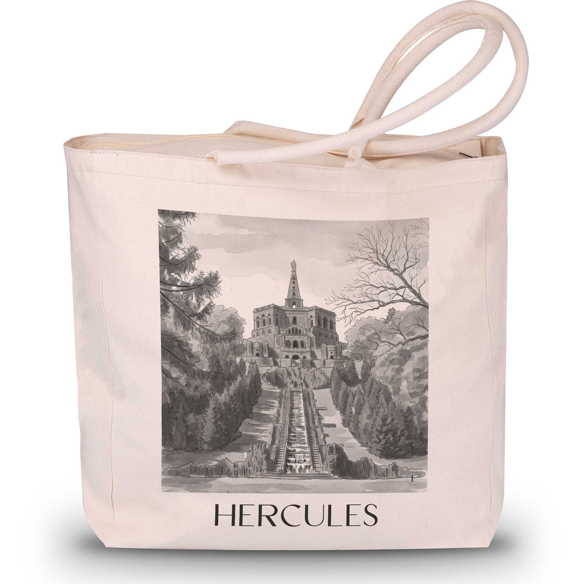 Herkules Shopping Tasche - Kassel - Deutschland Tote Bag - Einkaufstasche im Aquarell Schwarz-Weiß Stil - favplace
