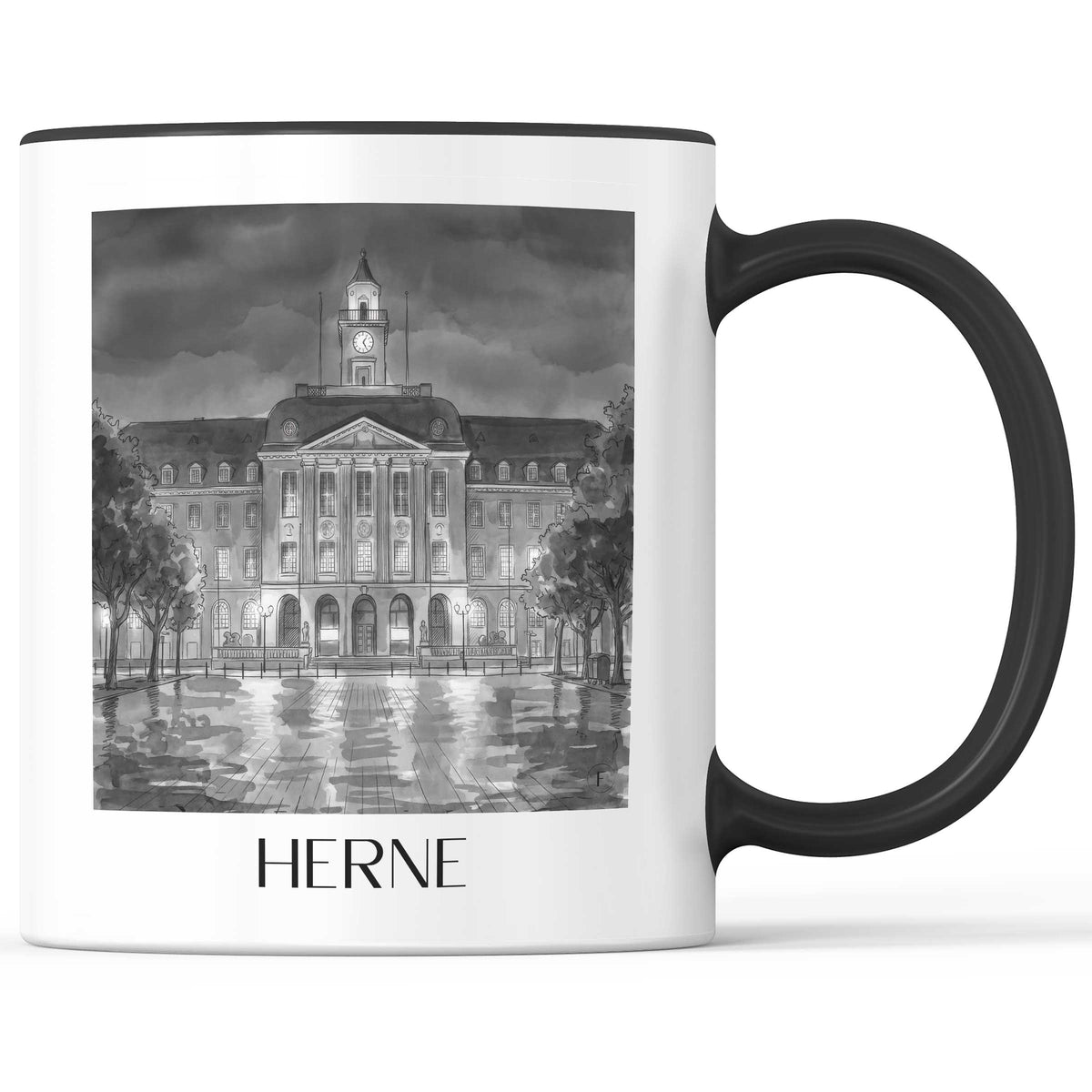Herne Kaffeebecher - Ruhrgebiet - Deutschland Becher - Kaffeetasse im Aquarell Schwarz-Weiß Stil - favplace