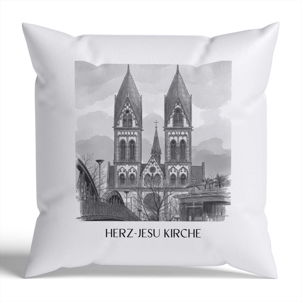 herz-jesu-kirche-freiburg-deutschland-kissenbezug-aquarell-schwarz-weiss