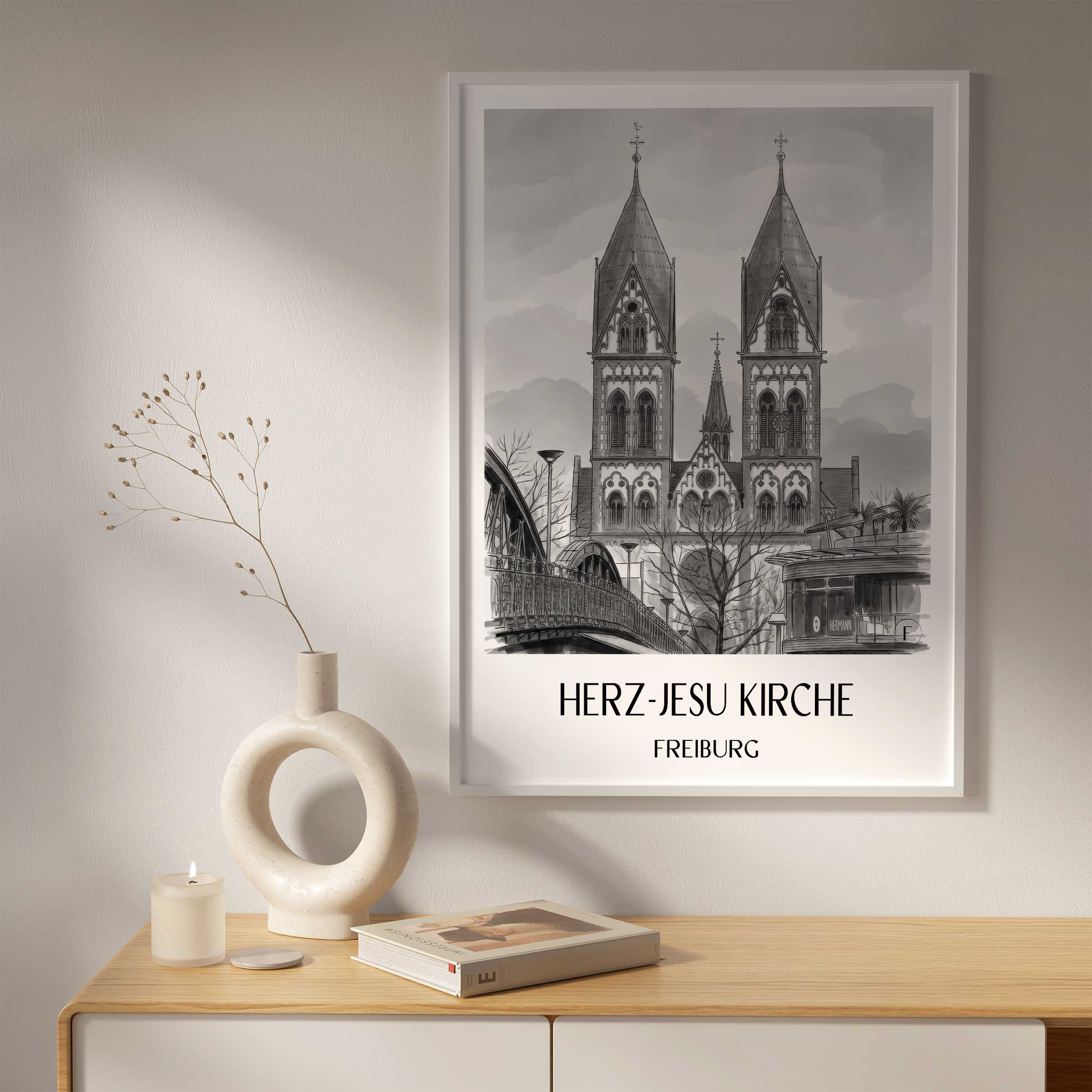herz-jesu-kirche-freiburg-deutschland-poster-aquarell-schwarz-weiss