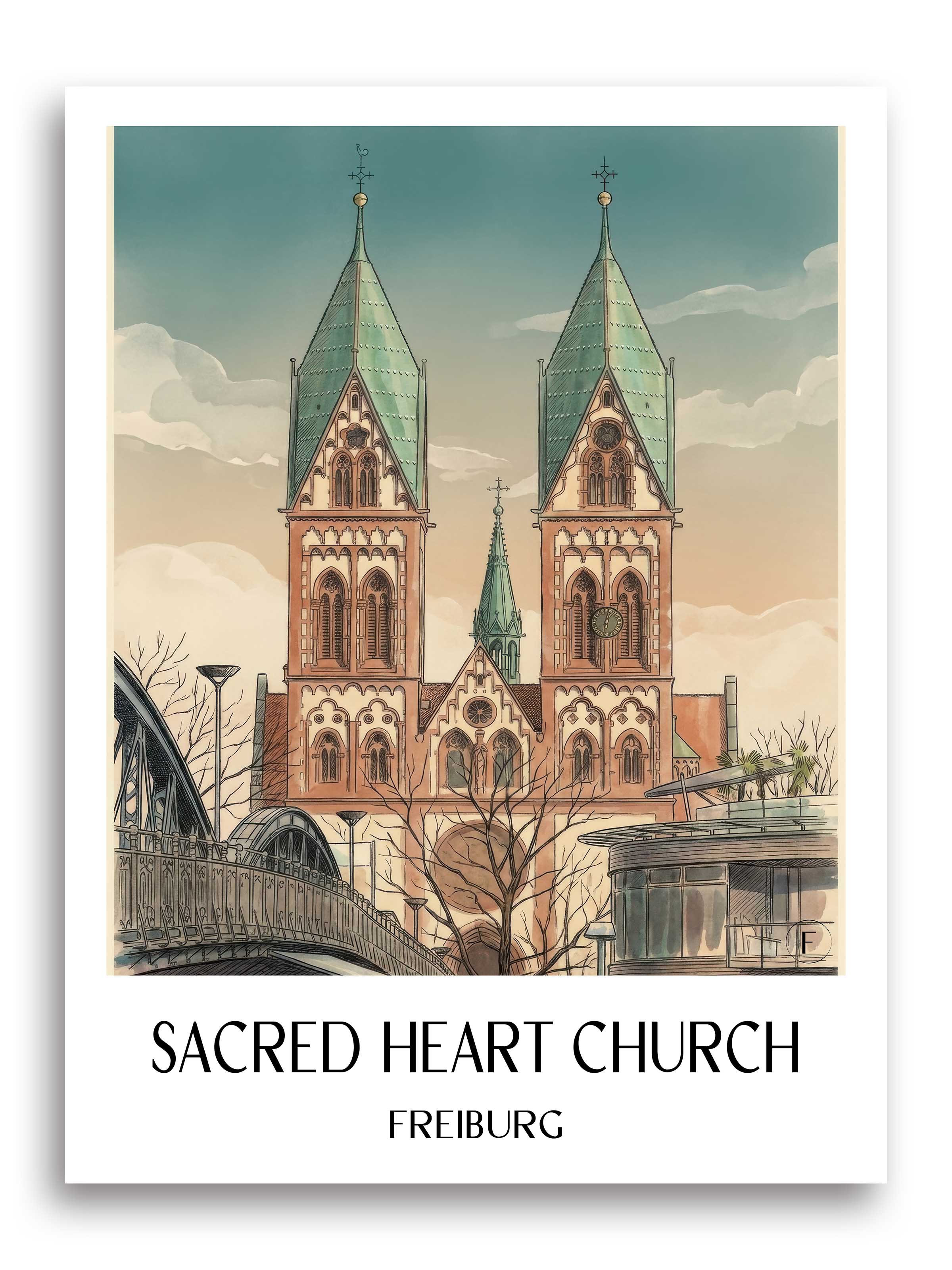 Herz-Jesu Kirche Poster - Freiburg - Deutschland Kunstdruck - Aquarell von A4 bis A1 - favplace