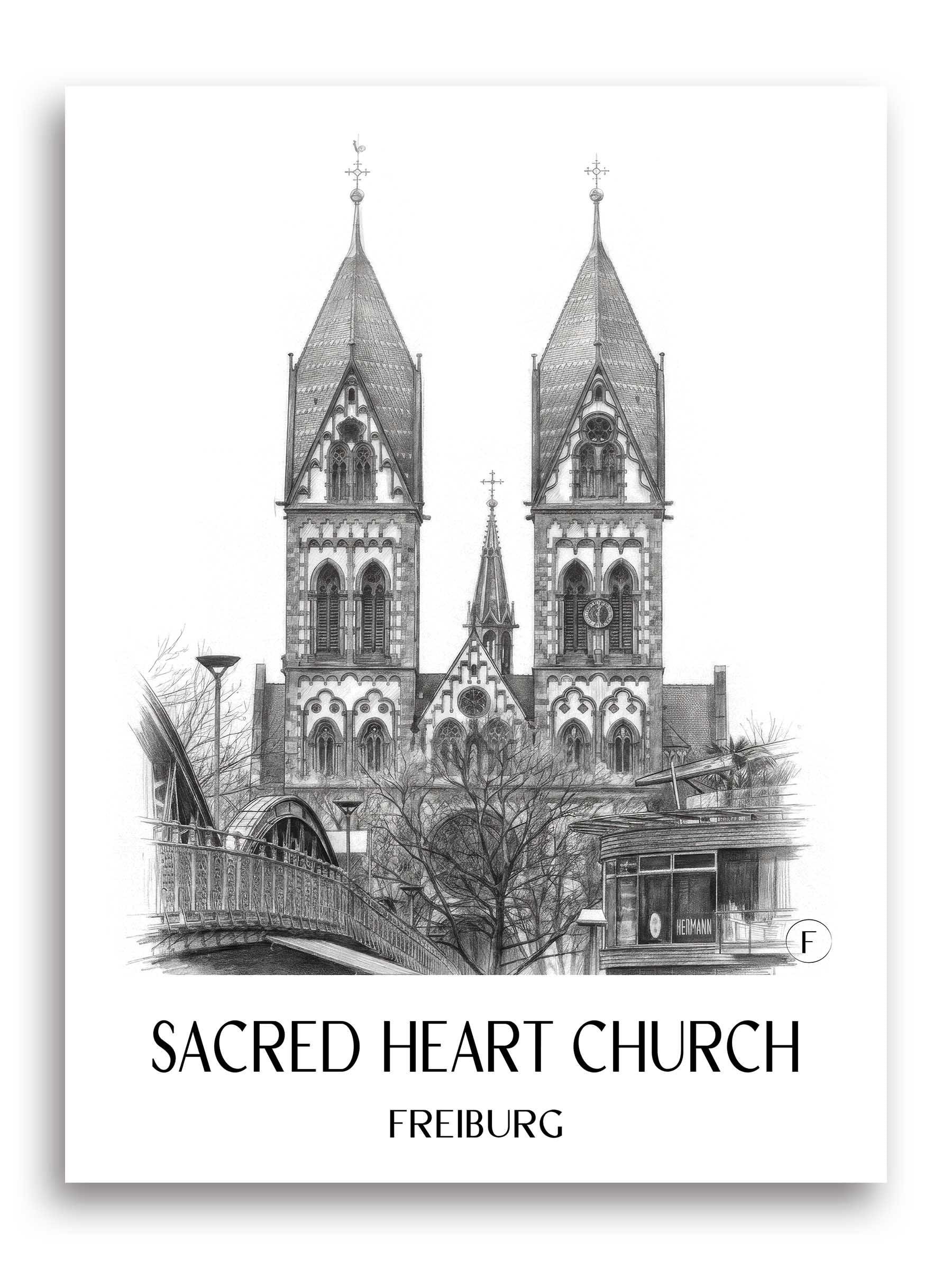 Herz-Jesu Kirche Poster - Freiburg - Deutschland Kunstdruck - Zeichnung von A4 bis A1