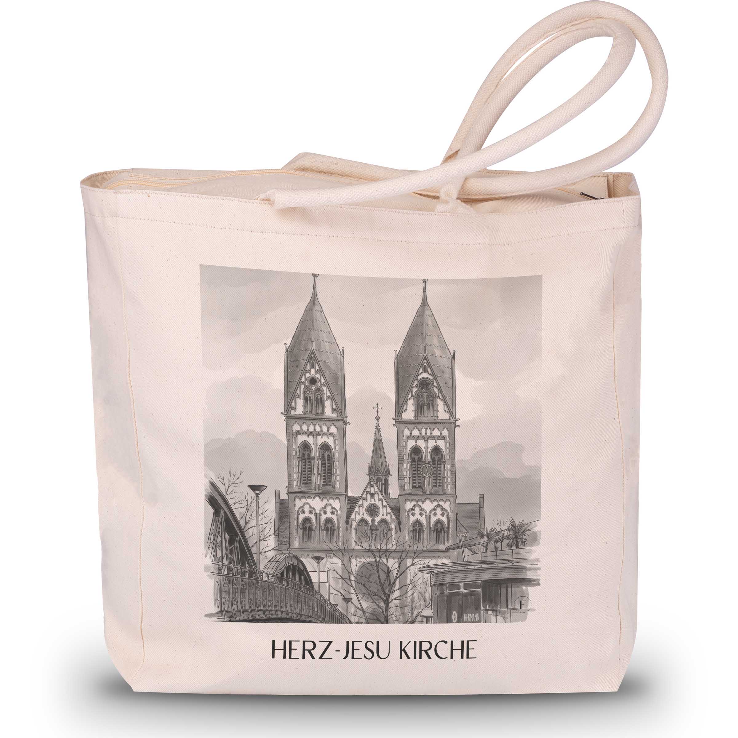 herz-jesu-kirche-freiburg-deutschland-einkaufstasche-aquarell-schwarz-weiss