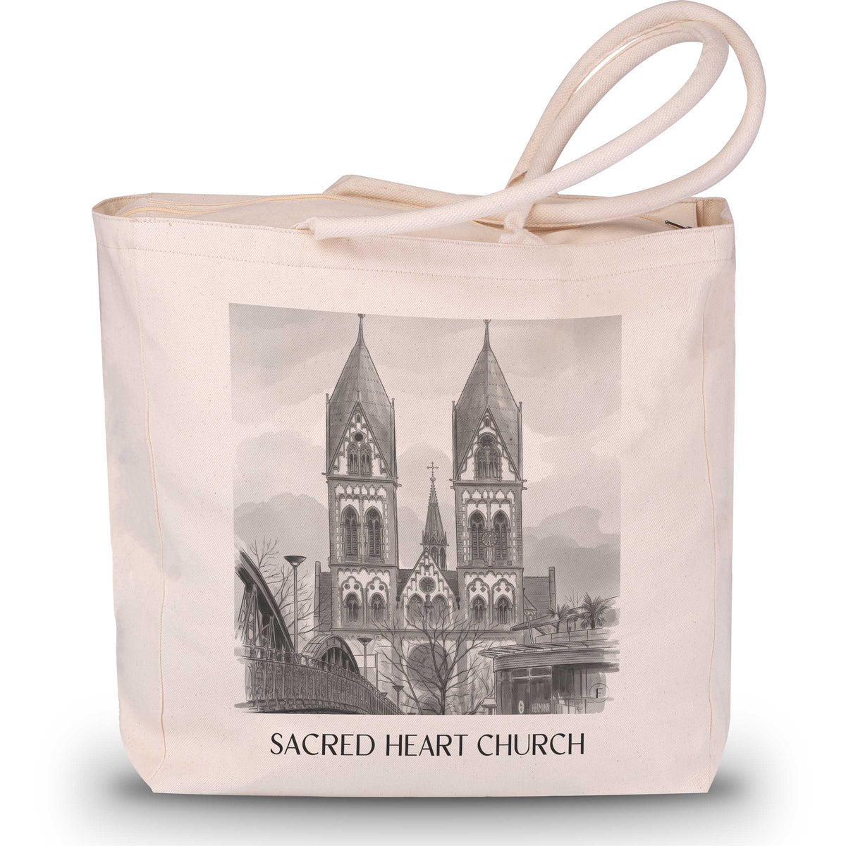 Herz-Jesu Kirche Shopping Tasche - Freiburg - Deutschland Tote Bag - Einkaufstasche im Aquarell Schwarz-Weiß Stil - favplace
