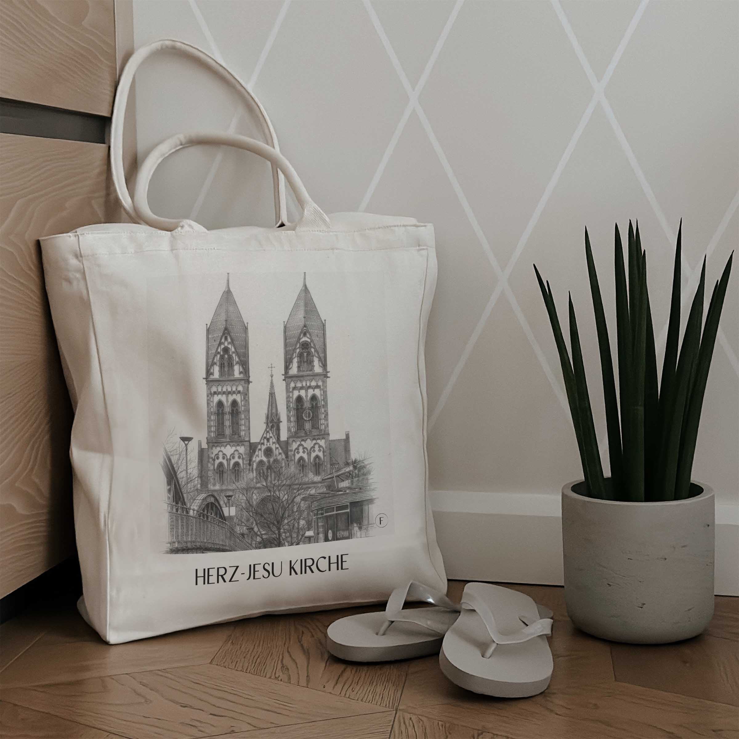 herz-jesu-kirche-freiburg-deutschland-einkaufstasche-bleistift-zeichnung-drawing