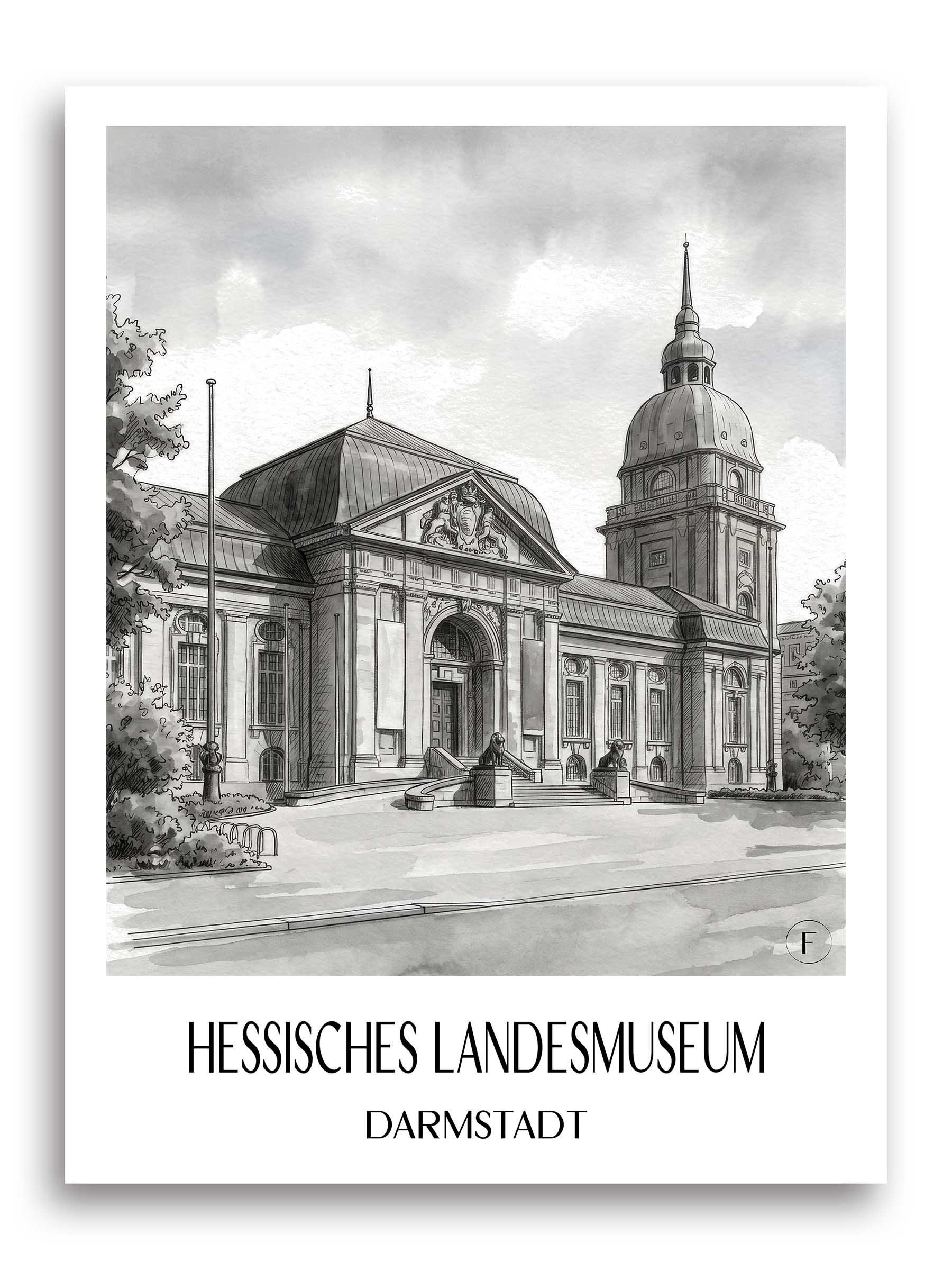 hessisches-landesmuseum-darmstadt-deutschland-poster-aquarell-schwarz-weiss