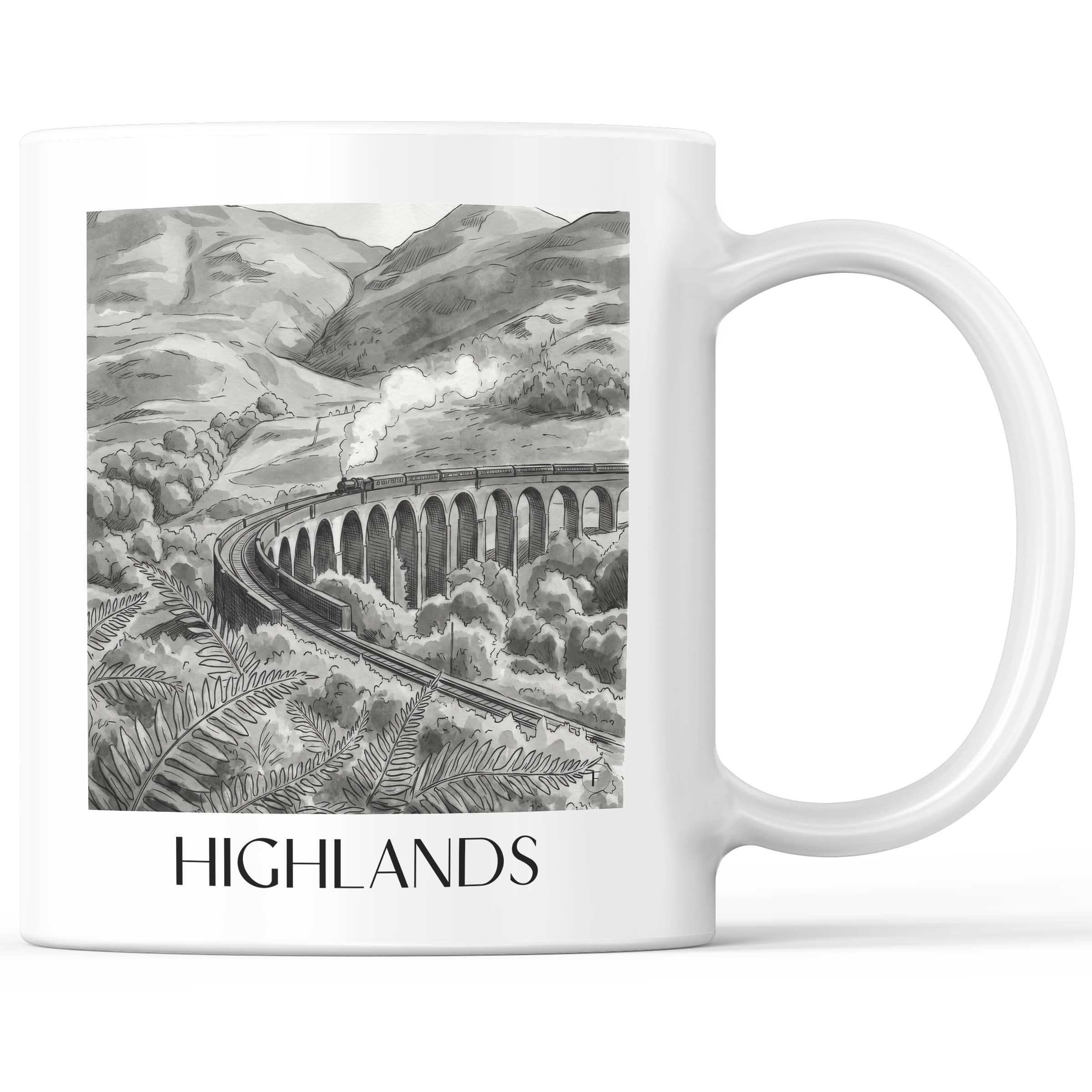 Highlands Kaffeebecher - Schottland - Schottland Becher - Kaffeetasse im Aquarell Schwarz-Weiß Stil - favplace