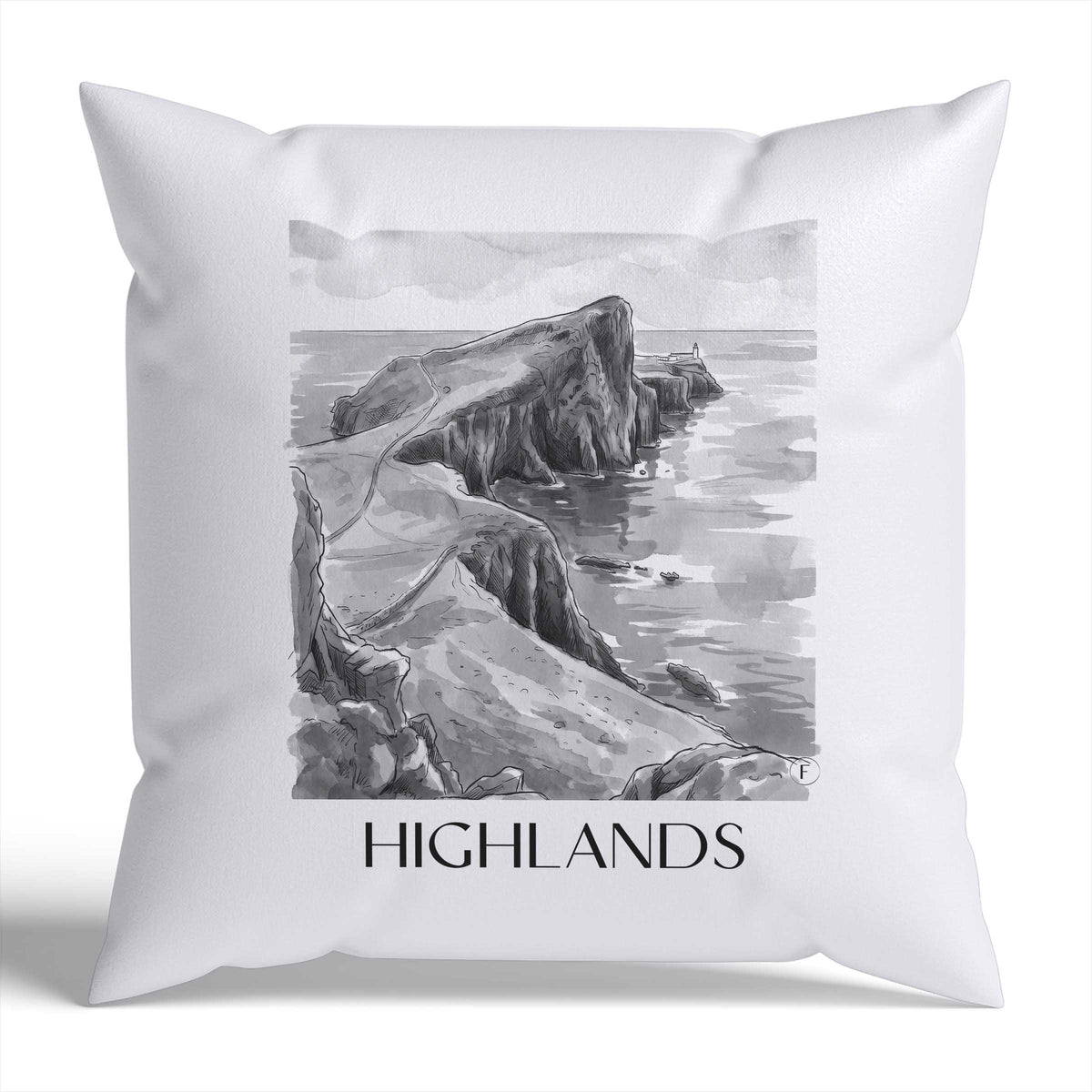 Highlands Kissenhülle - Zierkissen Bezug - Schottland - Schottland Kissen bzw. Kissenbezug im Aquarell Schwarz-Weiß Stil - favplace