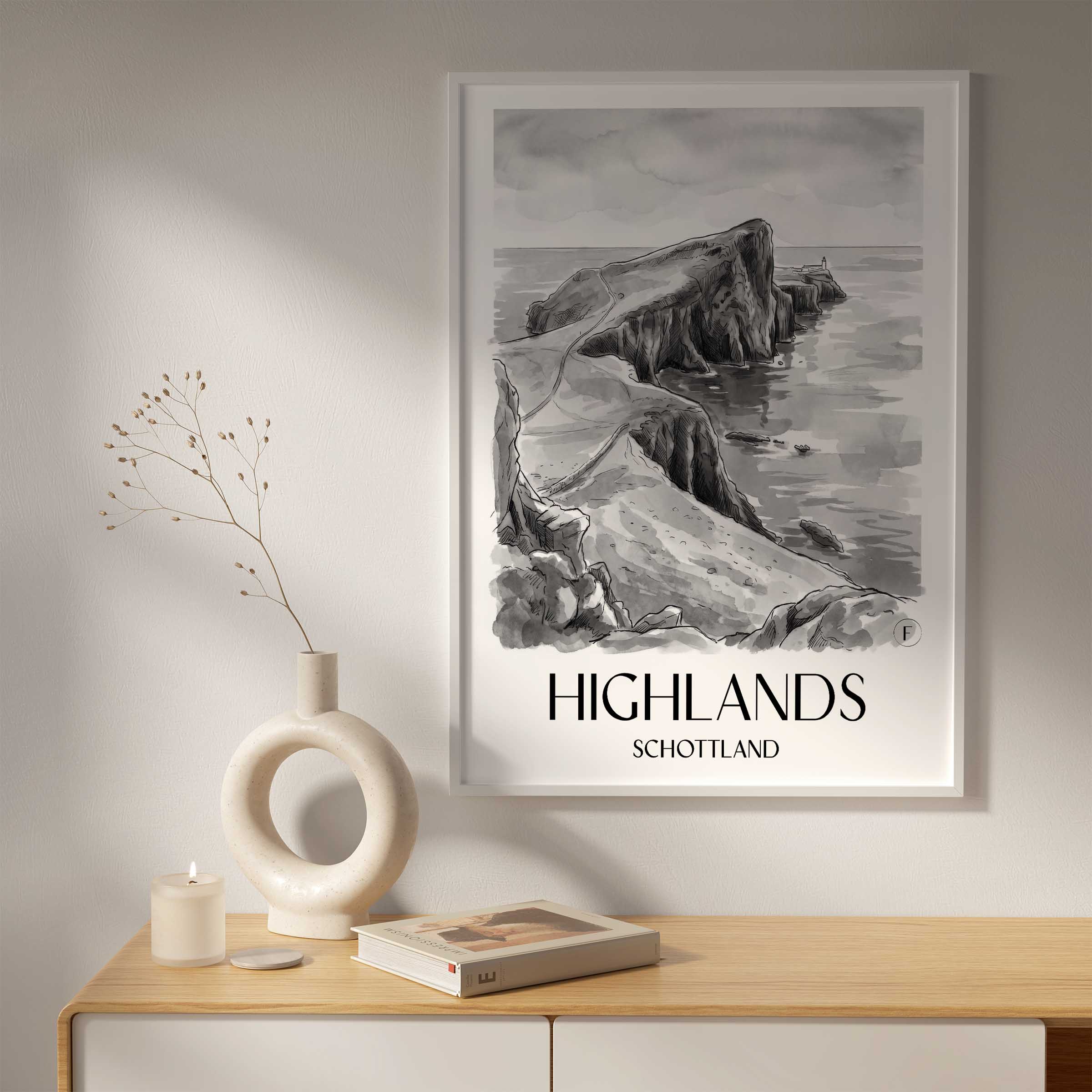 highlands-schottland-poster-aquarell-schwarz-weiss