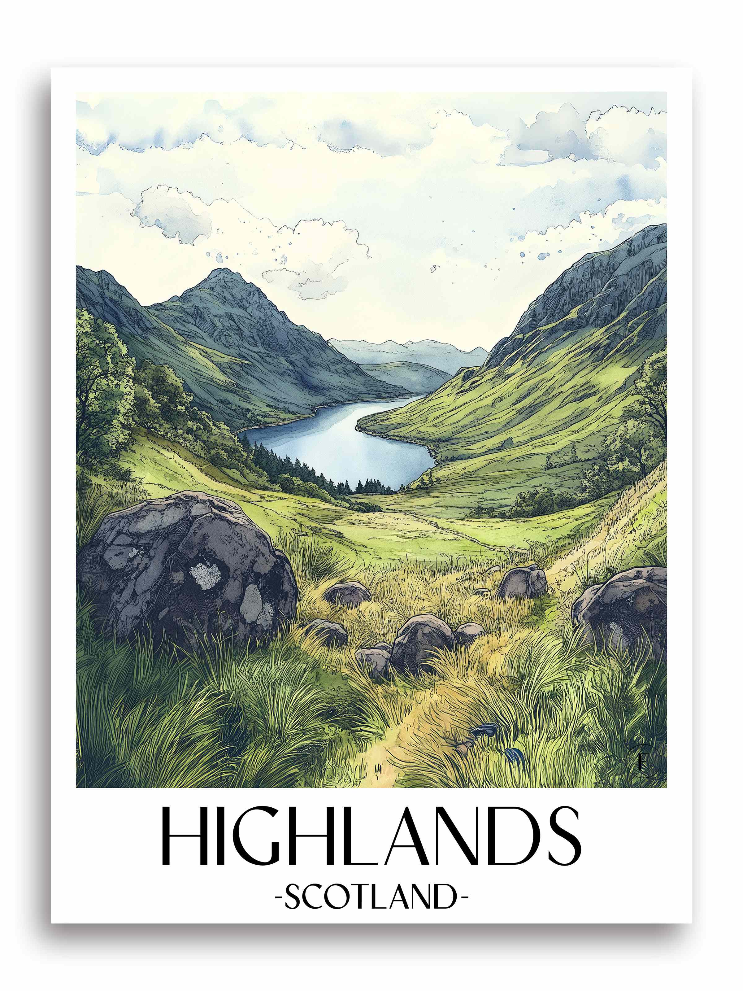 Highlands Poster -  Schottland Kunstdruck - Aquarell von A4 bis A1 - favplace