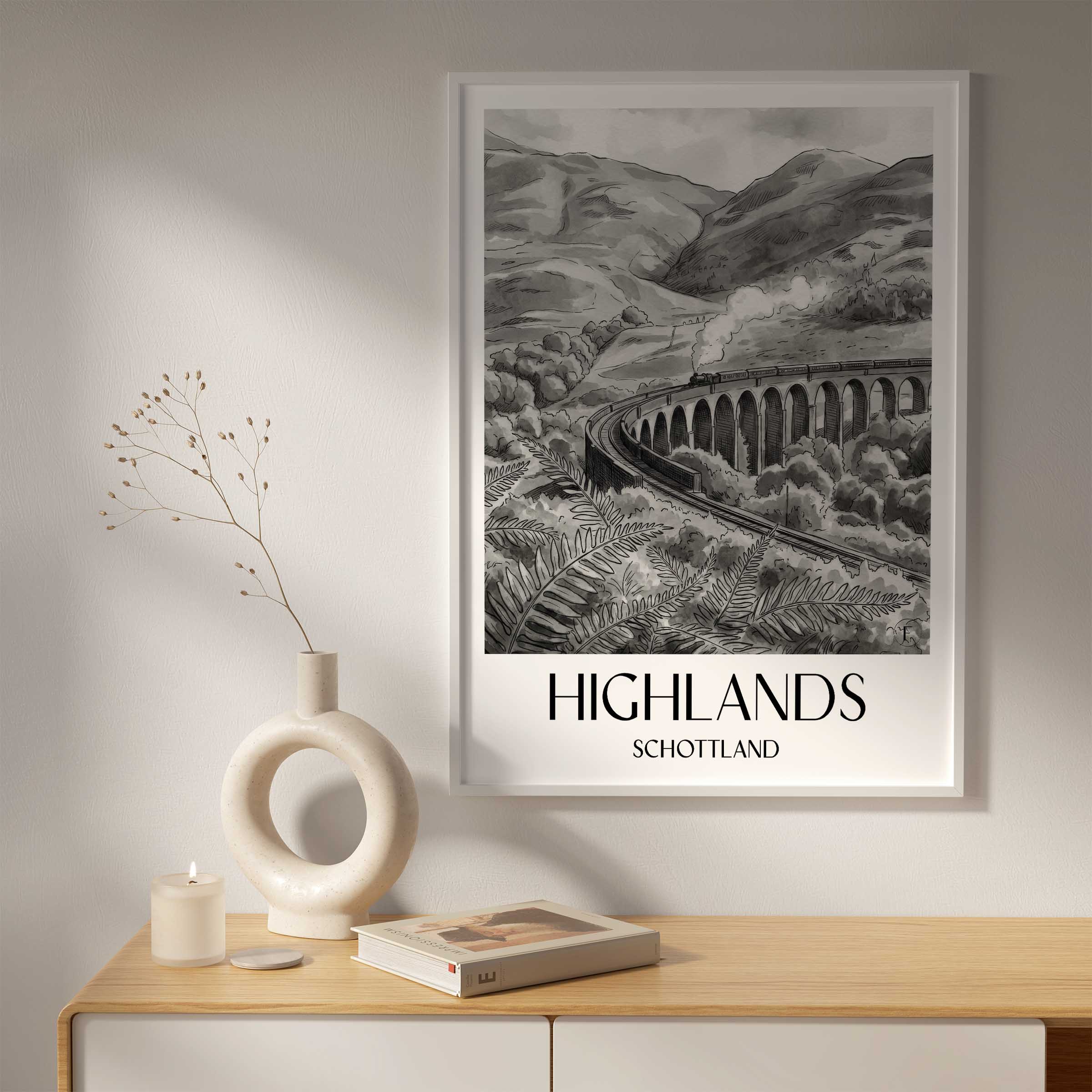 highlands-schottland-schottland-poster-aquarell-schwarz-weiss