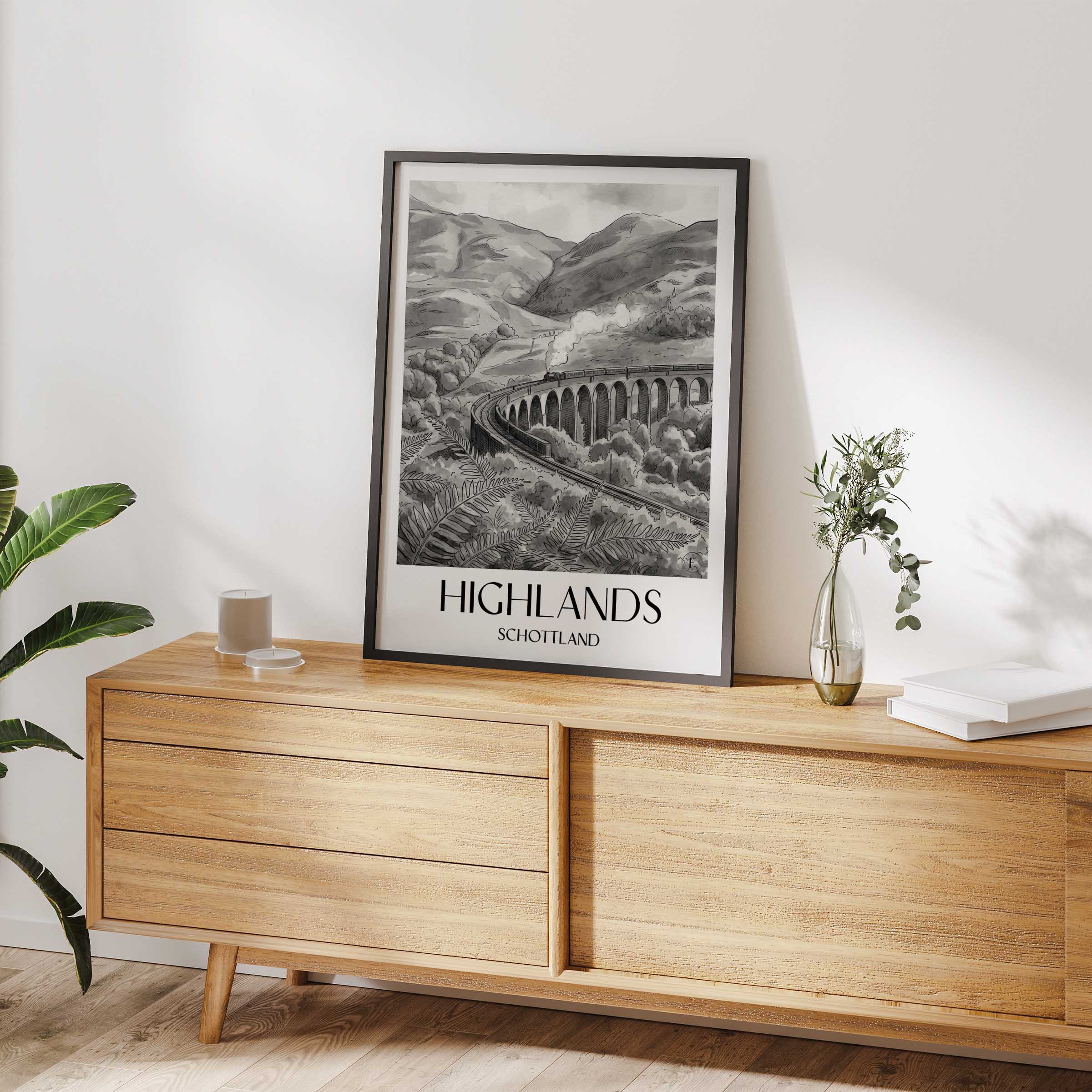 highlands-schottland-schottland-poster-aquarell-schwarz-weiss