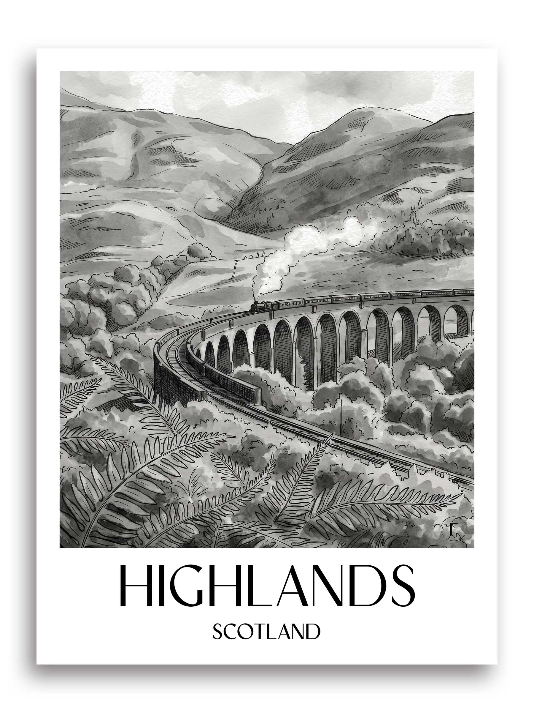 Highlands Poster - Schottland - Schottland Kunstdruck - Aquarell Schwarz-Weiß von A4 bis A1 - favplace