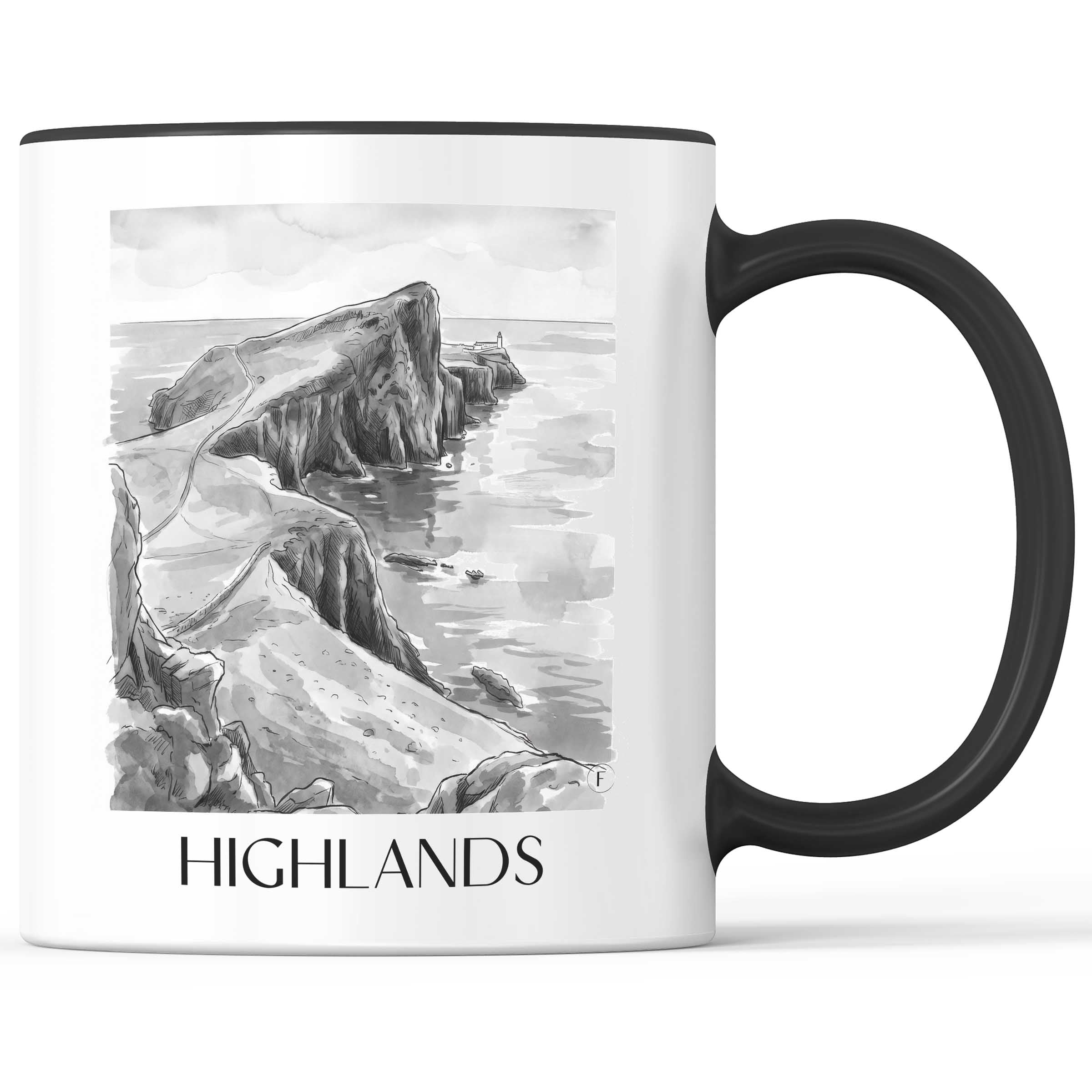 Highlands - Schottland Becher - Kaffeetasse im Aquarell Schwarz-Weiß Stil - favplace