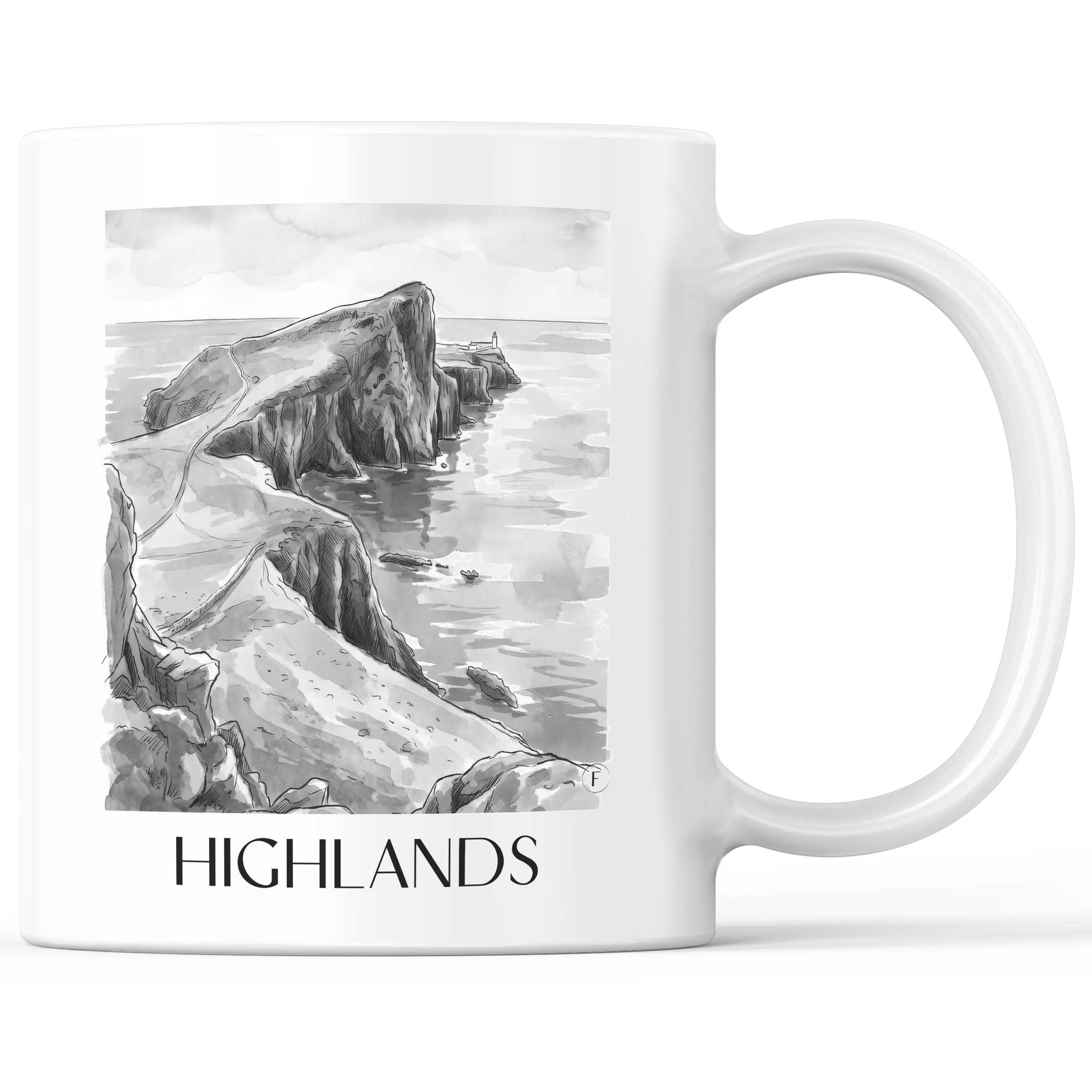 Highlands - Schottland Becher - Kaffeetasse im Aquarell Schwarz-Weiß Stil - favplace