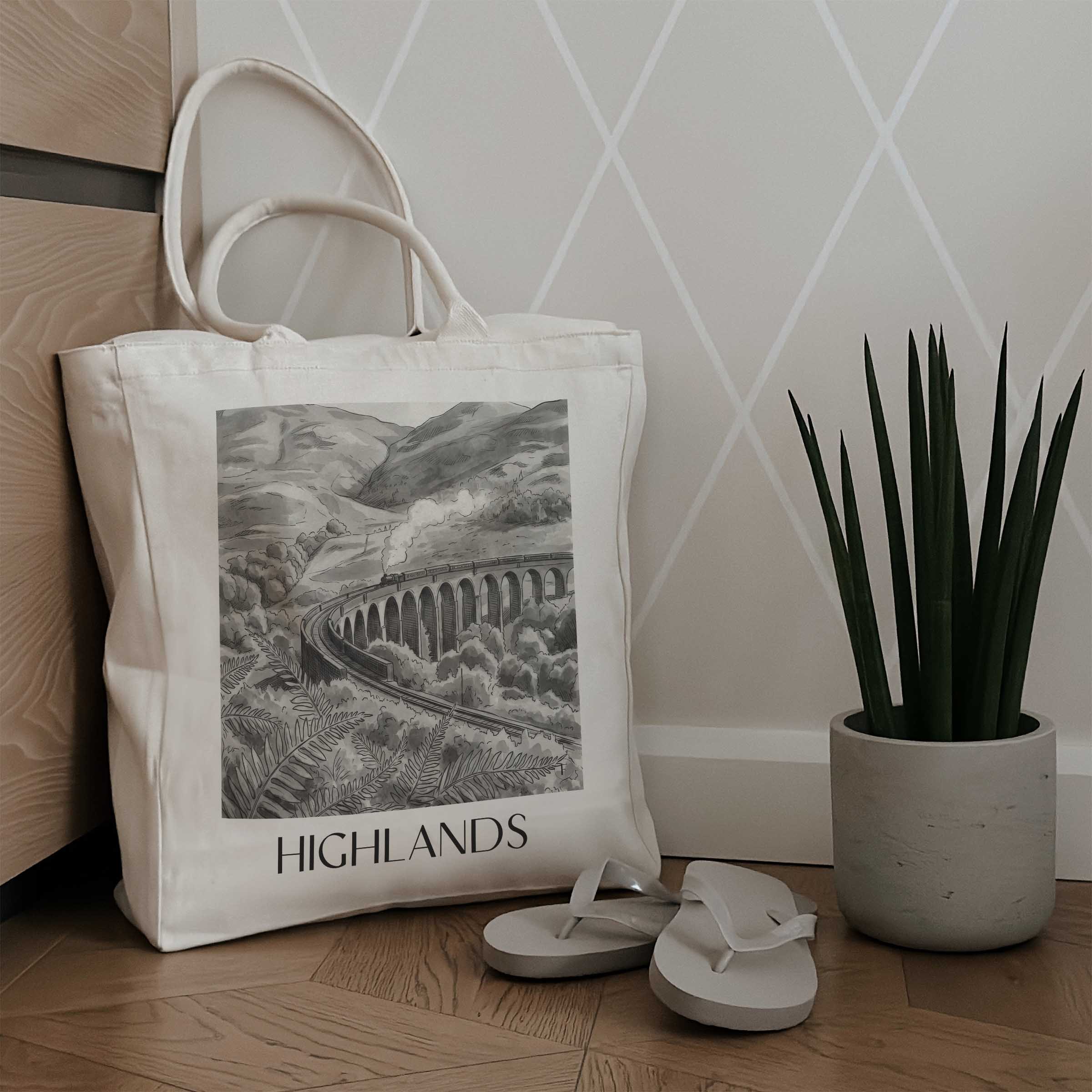 highlands-schottland-schottland-einkaufstasche-aquarell-schwarz-weiss