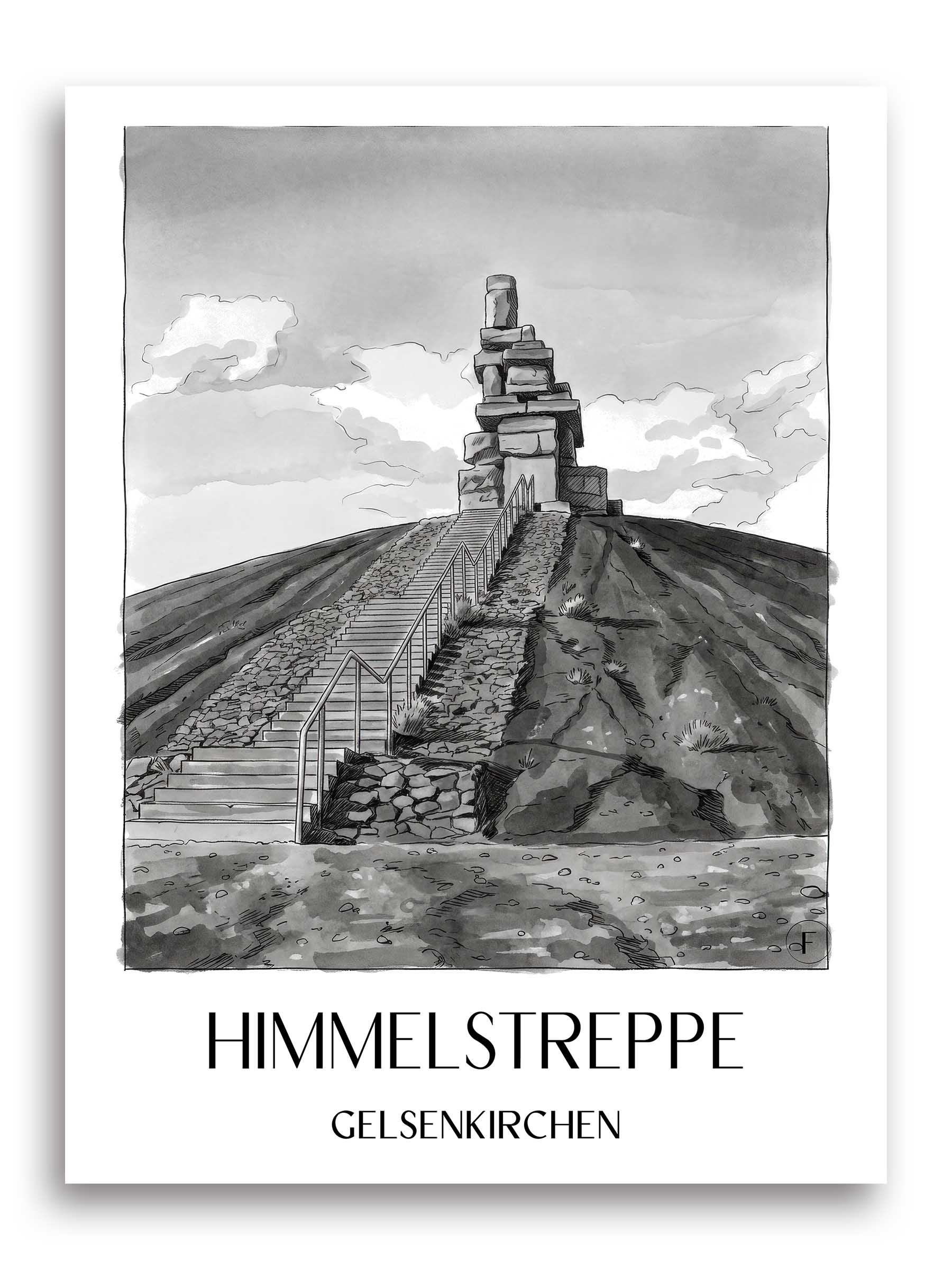 himmelstreppe-gelsenkirchen-deutschland-poster-aquarell-schwarz-weiss