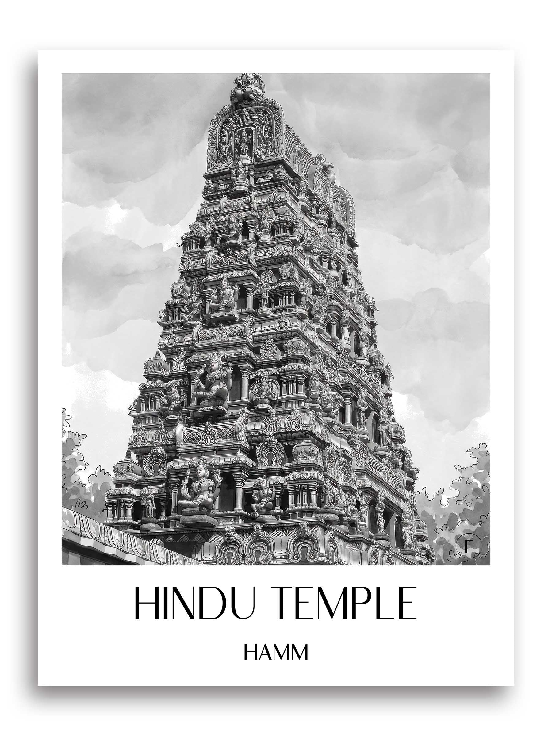 Hindutempel Poster - Hamm - Deutschland Kunstdruck - Aquarell Schwarz-Weiß von A4 bis A1