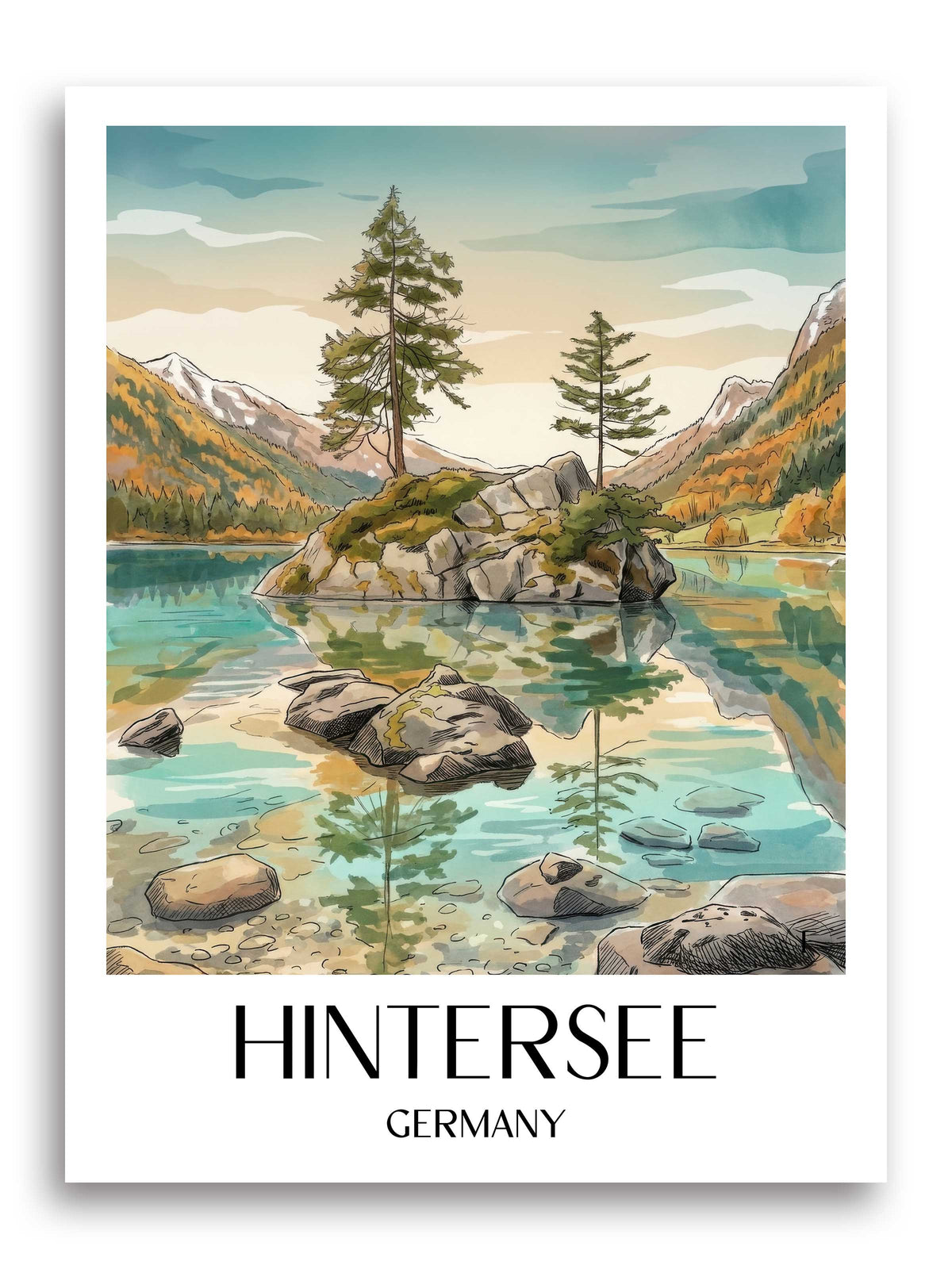 Hintersee Poster - Berchtesgadener Land - Deutschland Kunstdruck - Aquarell von A4 bis A1 - favplace