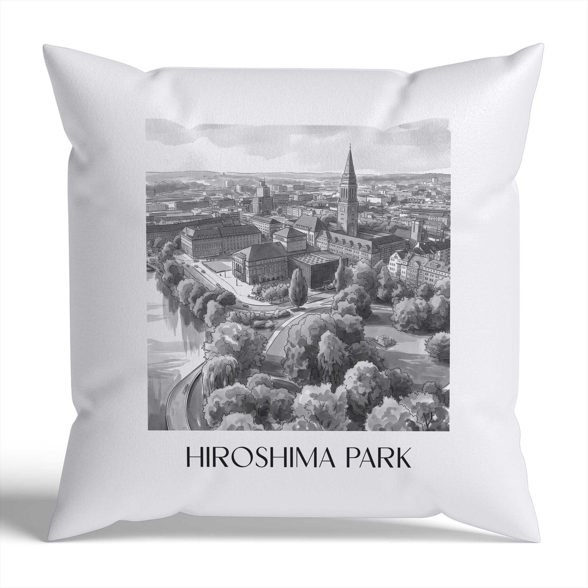 Hiroshimapark Kissenhülle - Zierkissen Bezug - Kiel - Deutschland Kissen bzw. Kissenbezug im Aquarell Schwarz-Weiß Stil - favplace