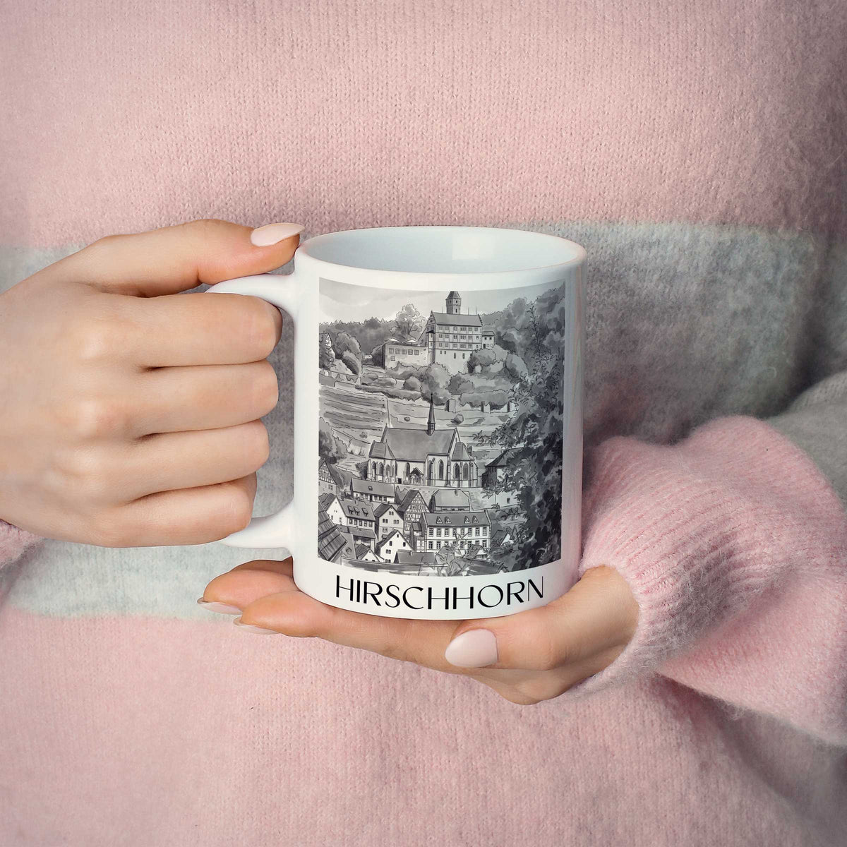 hirschhorn-odenwald-deutschland-kaffeebecher-aquarell-schwarz-weiss