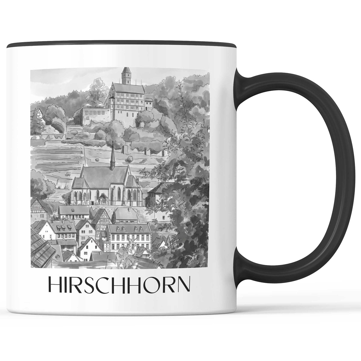 Hirschhorn Kaffeebecher - Odenwald - Deutschland Becher - Kaffeetasse im Aquarell Schwarz-Weiß Stil - favplace
