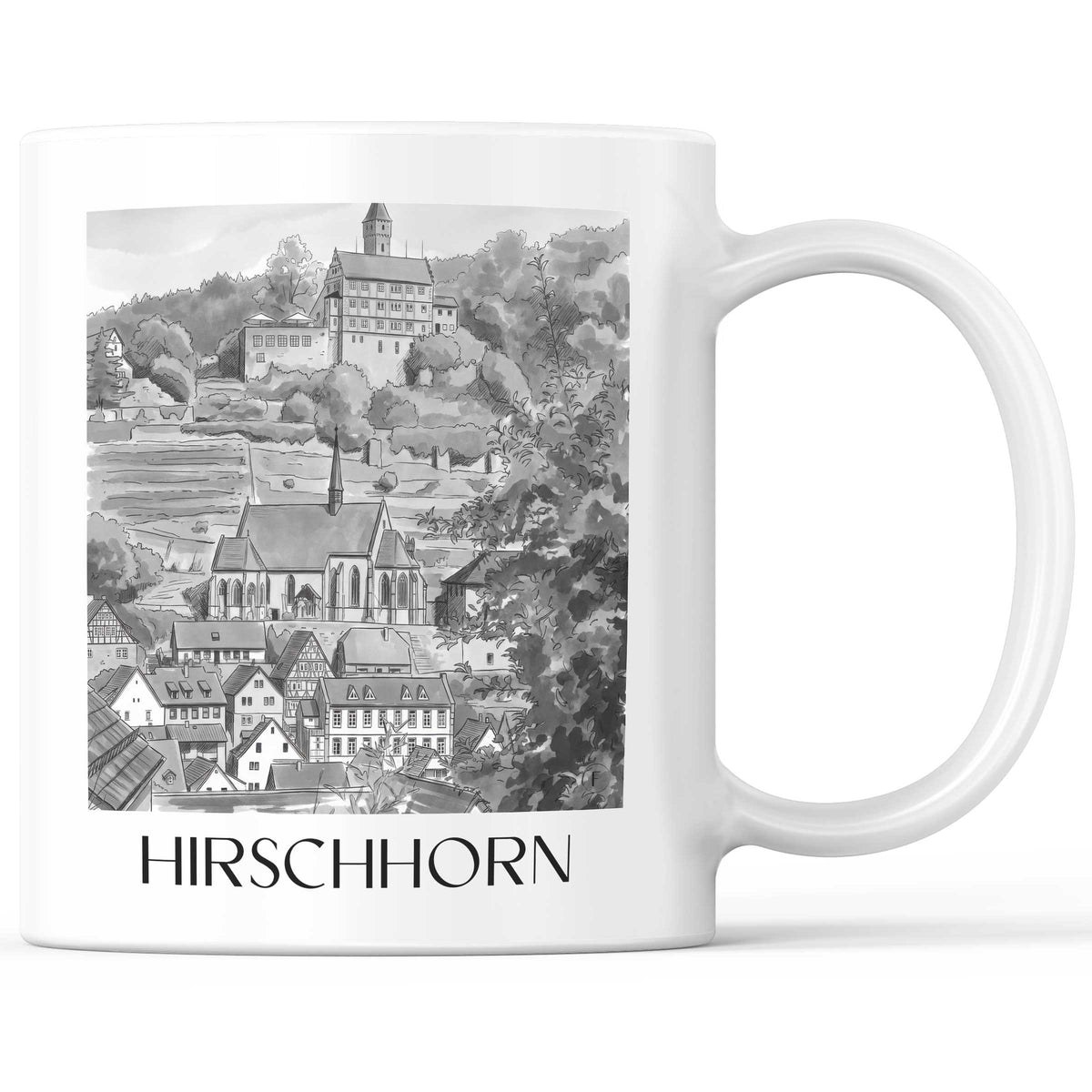 Hirschhorn Kaffeebecher - Odenwald - Deutschland Becher - Kaffeetasse im Aquarell Schwarz-Weiß Stil - favplace