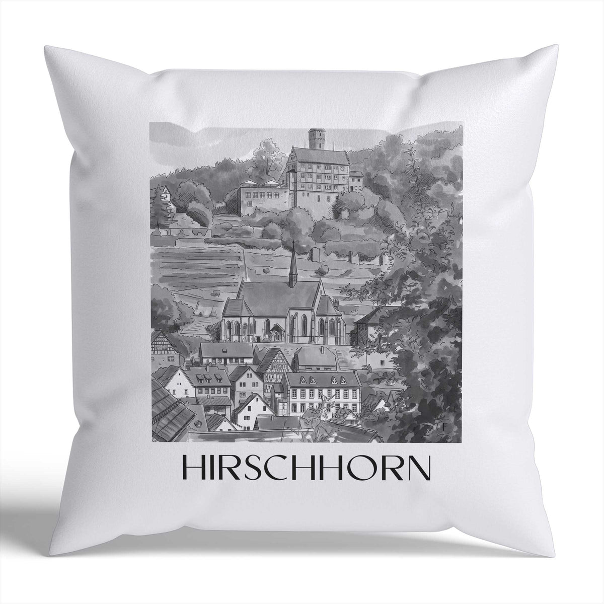 hirschhorn-odenwald-deutschland-kissenbezug-aquarell-schwarz-weiss