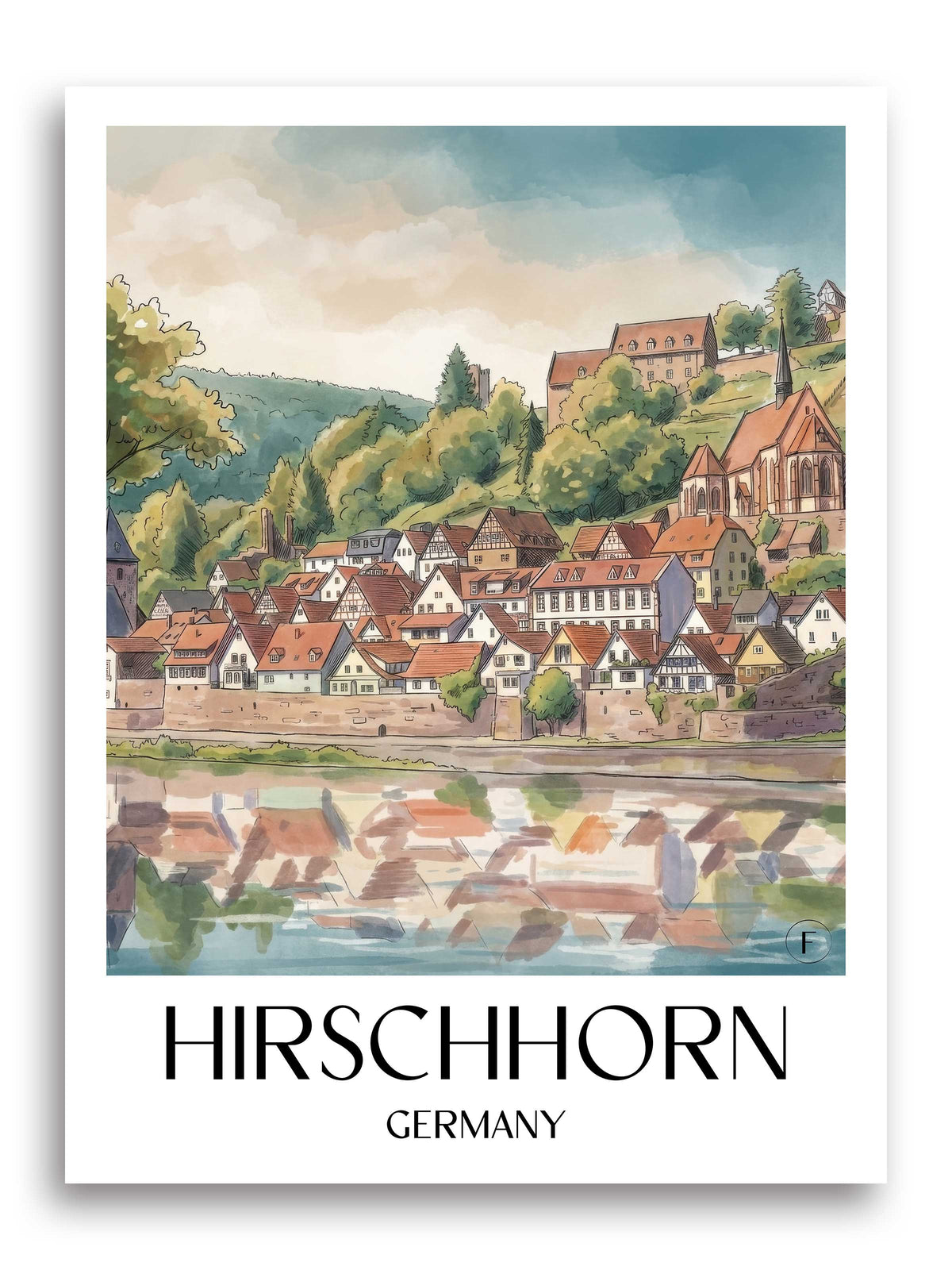 Hirschhorn Poster - Neckartal - Deutschland Kunstdruck - Aquarell von A4 bis A1 - favplace