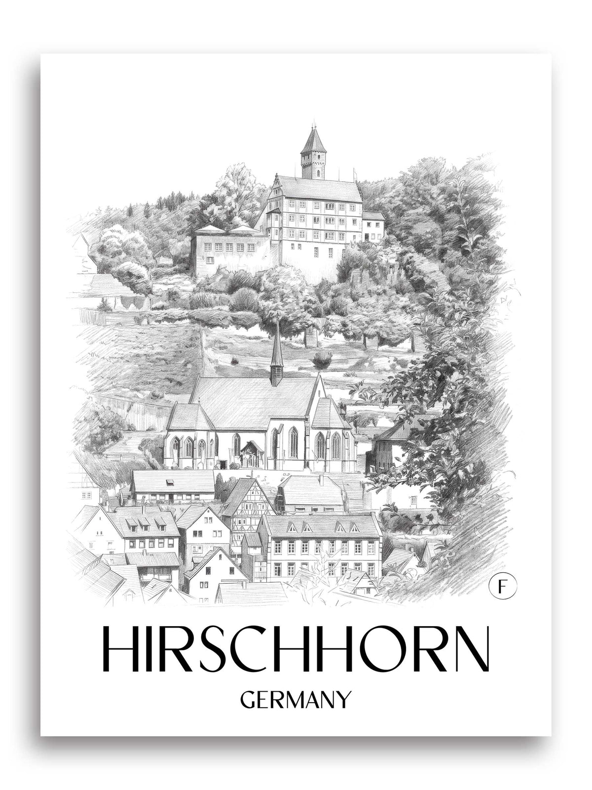 Hirschhorn Poster - Odenwald - Deutschland Kunstdruck - Zeichnung von A4 bis A1 - favplace