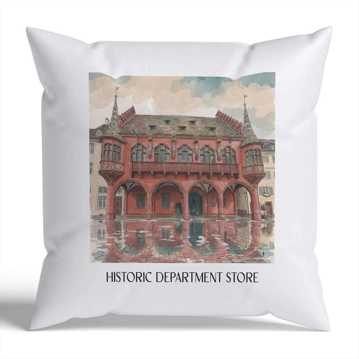 Historisches Kaufhaus Kissenhülle - Zierkissen Bezug - Freiburg - Deutschland Kissen bzw. Kissenbezug im Aquarell Stil - favplace