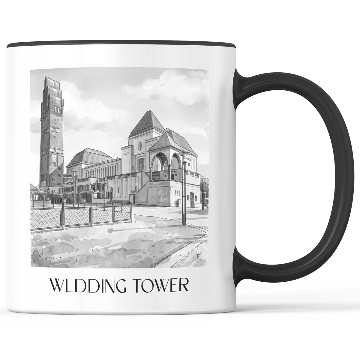 Hochzeitsturm Kaffeebecher - Darmstadt - Deutschland Becher - Kaffeetasse im Aquarell Schwarz-Weiß Stil - favplace
