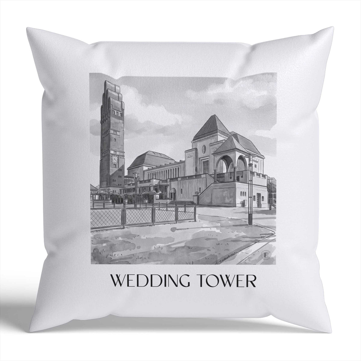 Hochzeitsturm Kissenhülle - Zierkissen Bezug - Darmstadt - Deutschland Kissen bzw. Kissenbezug im Aquarell Schwarz-Weiß Stil - favplace