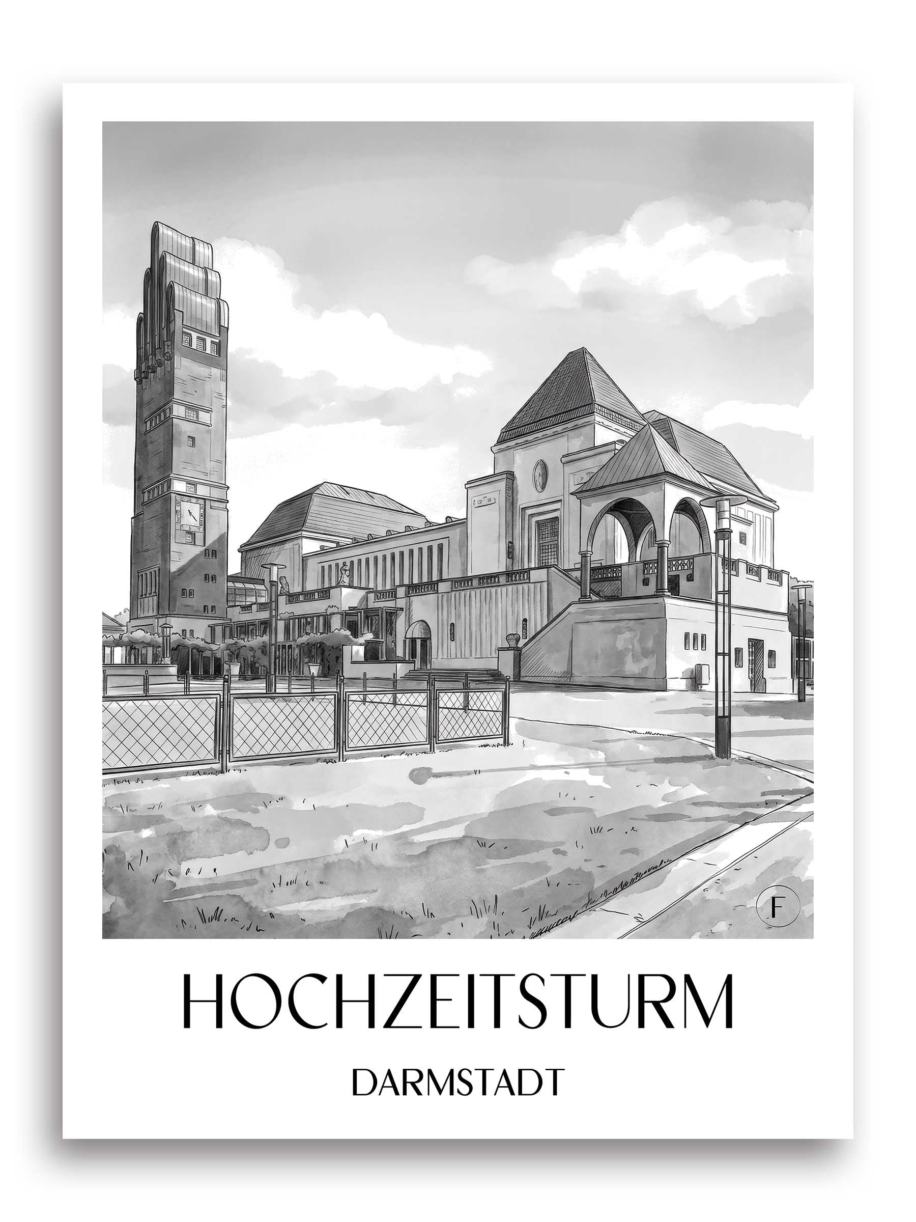 hochzeitsturm-darmstadt-deutschland-poster-aquarell-schwarz-weiss