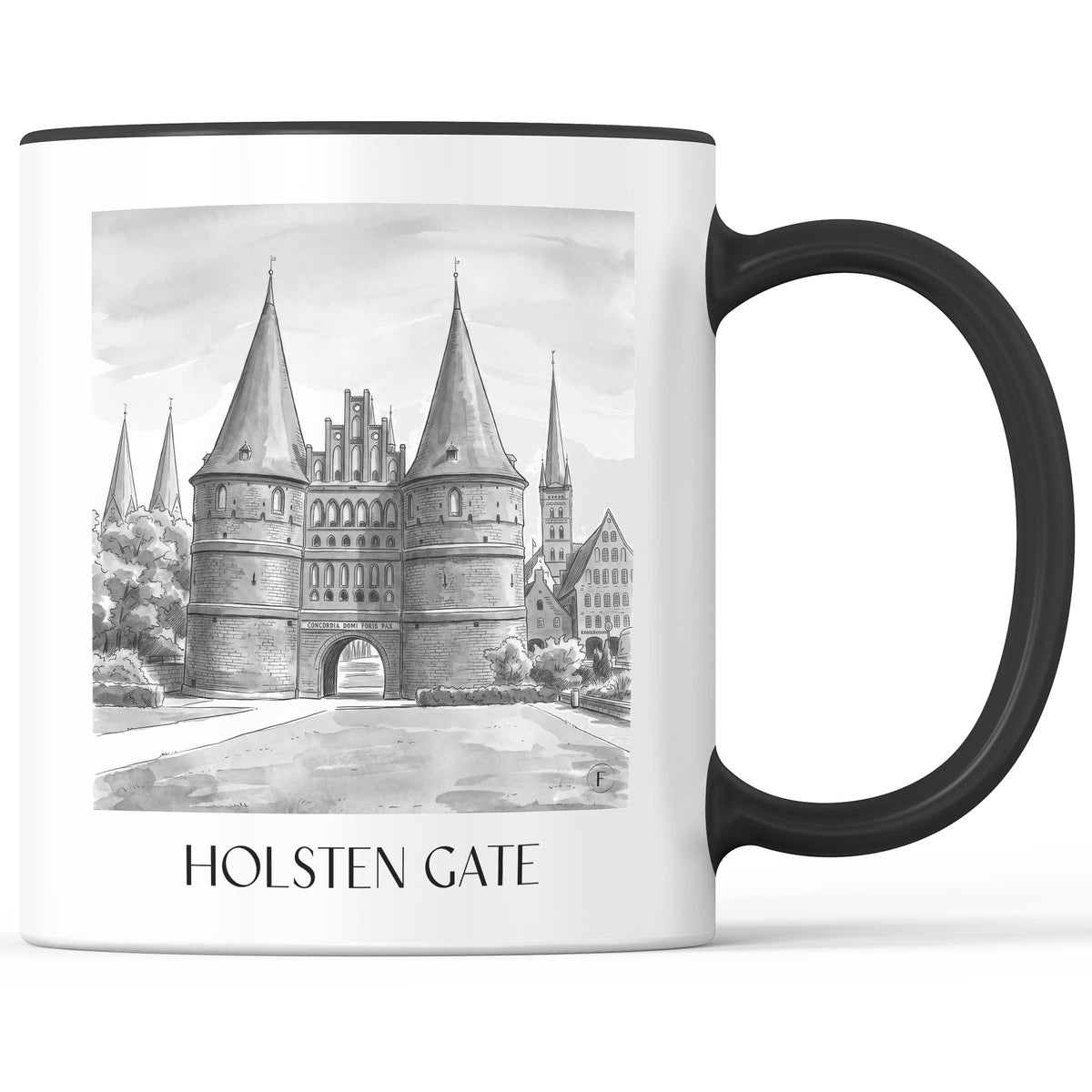 Holstentor Kaffeebecher - Lübeck - Deutschland Becher - Kaffeetasse im Aquarell Schwarz-Weiß Stil - favplace