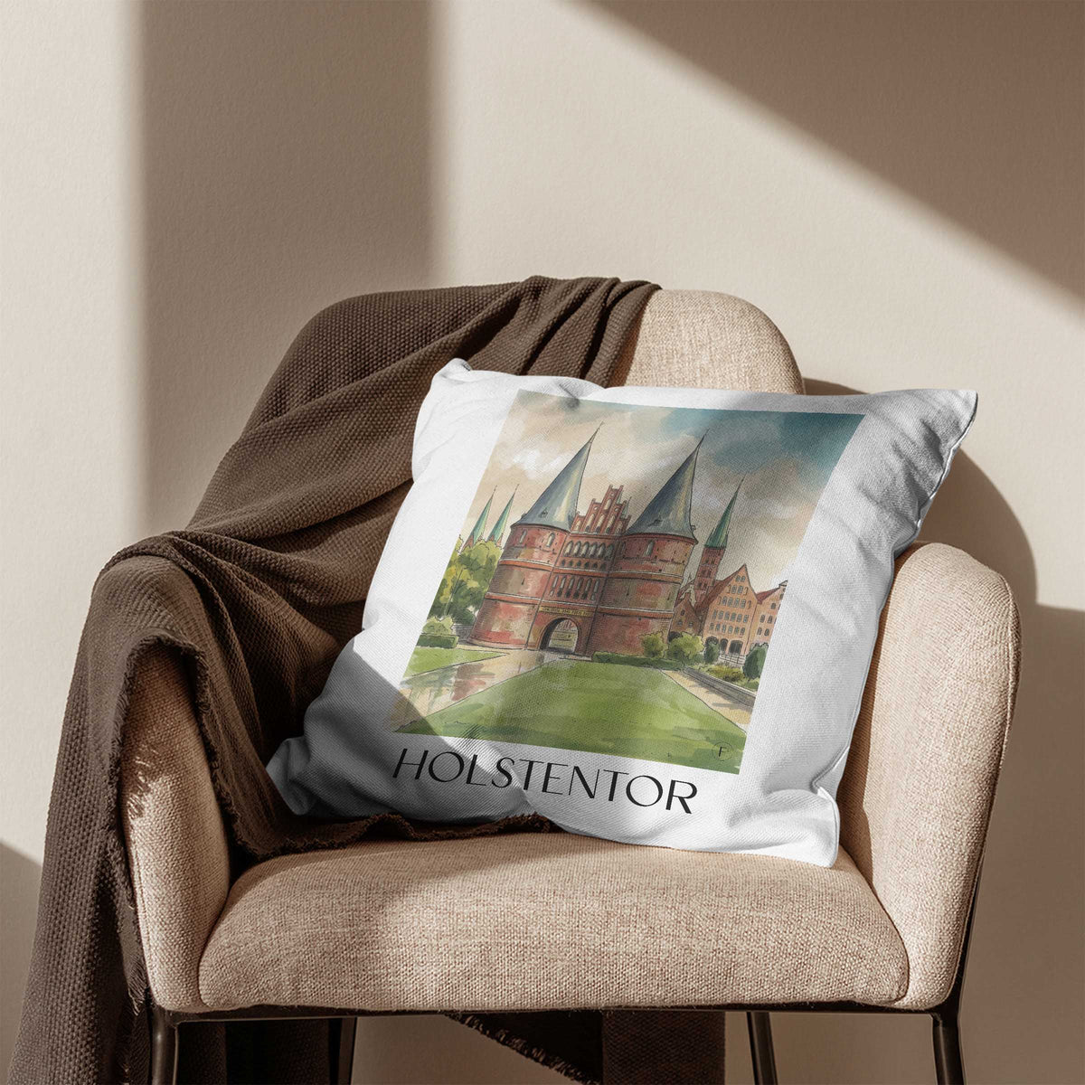 holstentor-lübeck-deutschland-kissenbezug-aquarell