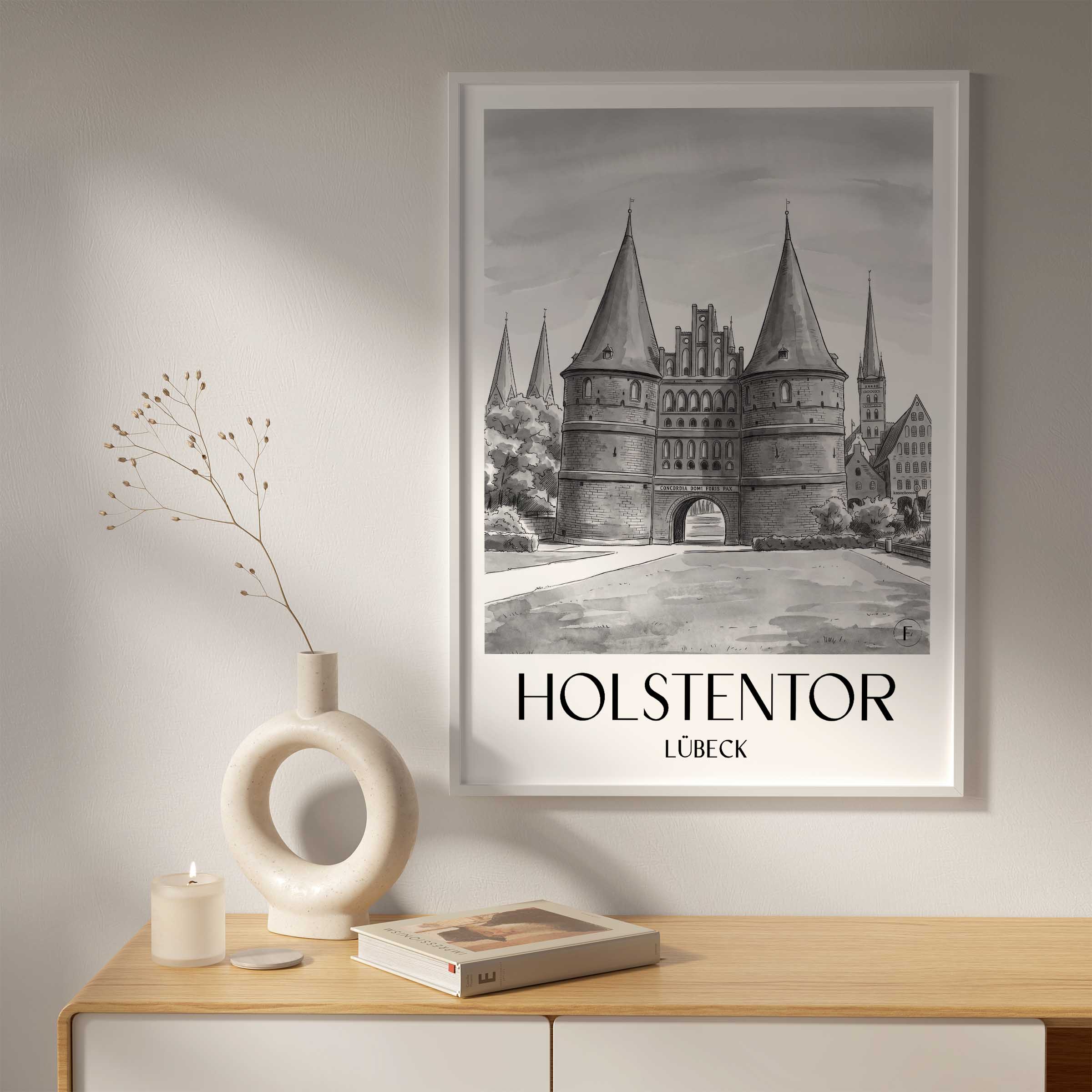 holstentor-lübeck-deutschland-poster-aquarell-schwarz-weiss