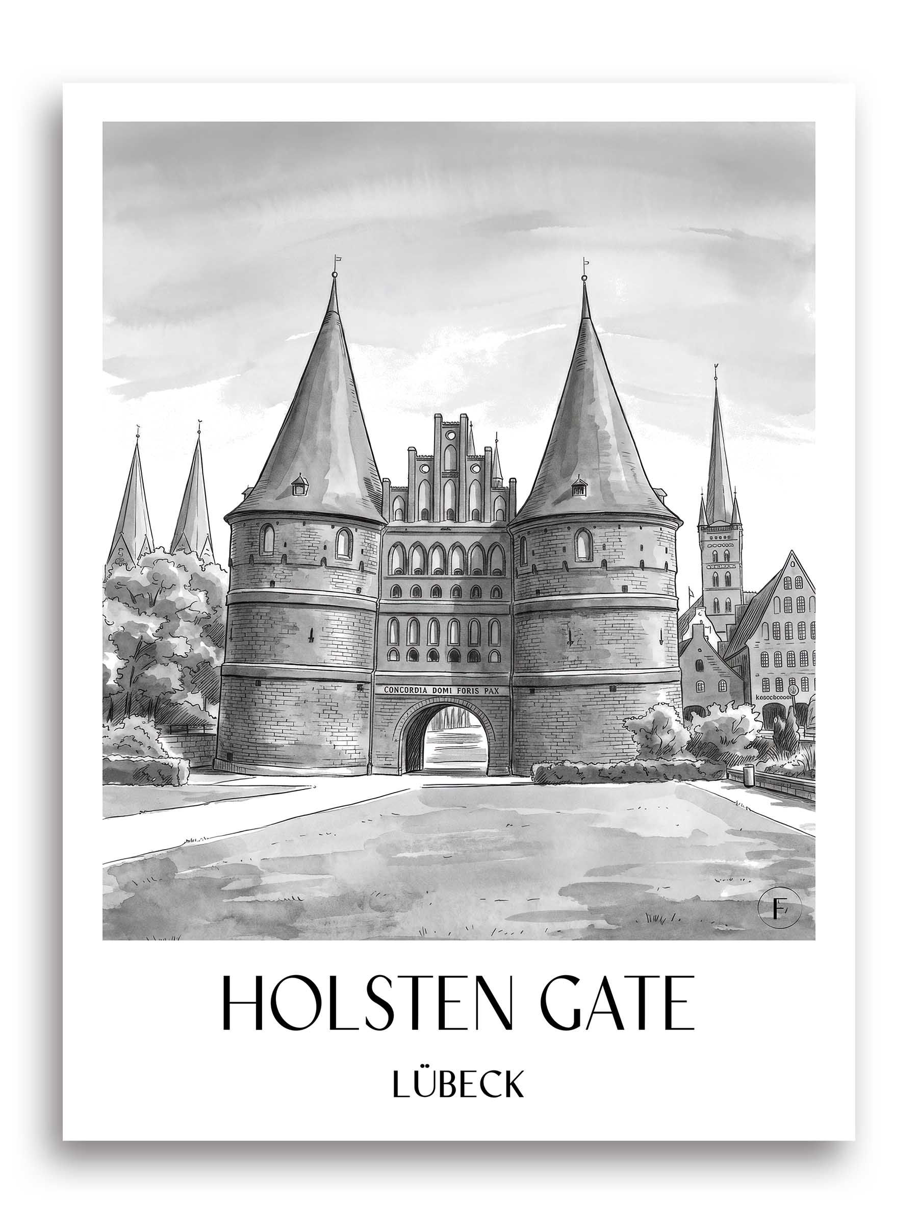 Holstentor Poster - Lübeck - Deutschland Kunstdruck - Aquarell Schwarz-Weiß von A4 bis A1 - favplace
