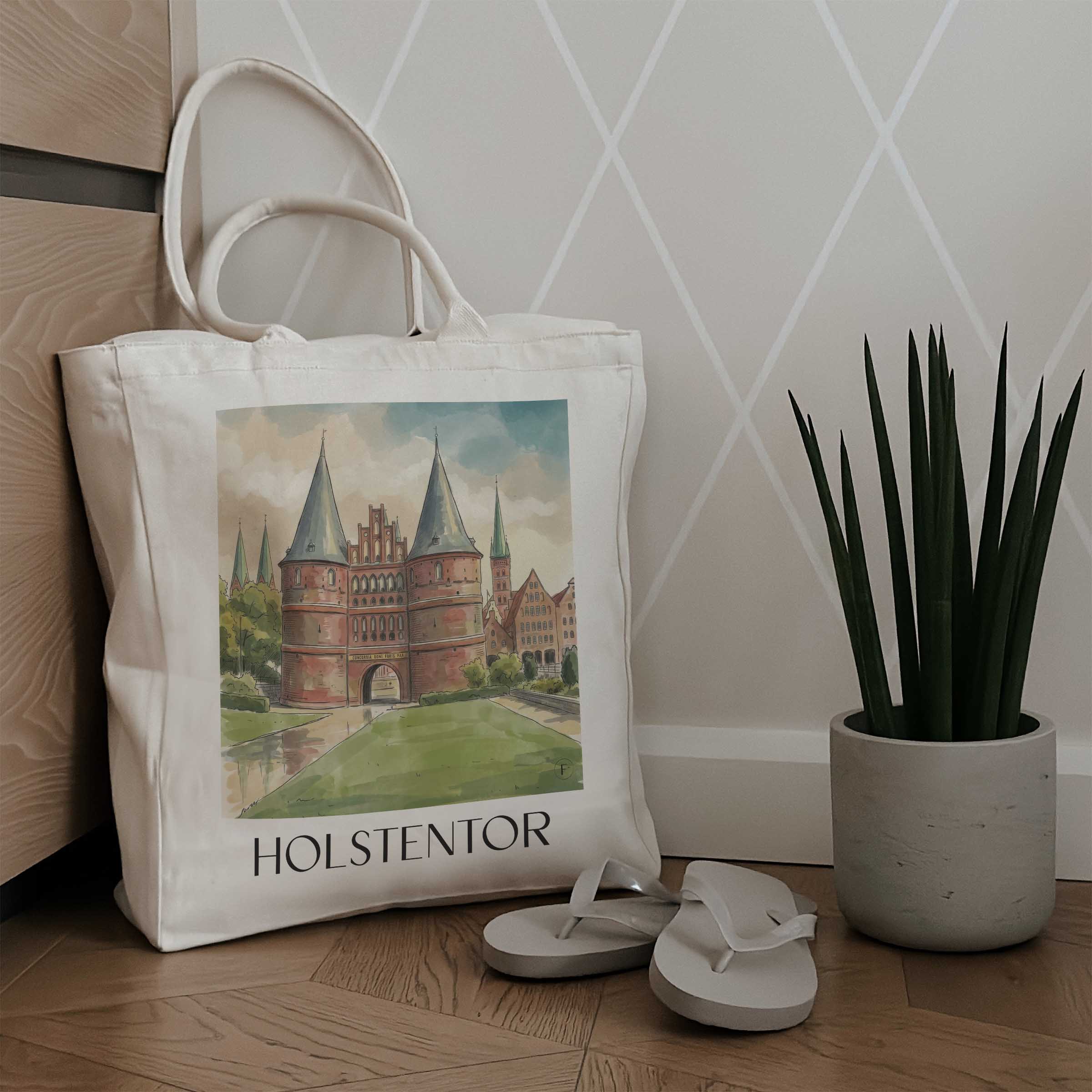 holstentor-lübeck-deutschland-einkaufstasche-aquarell