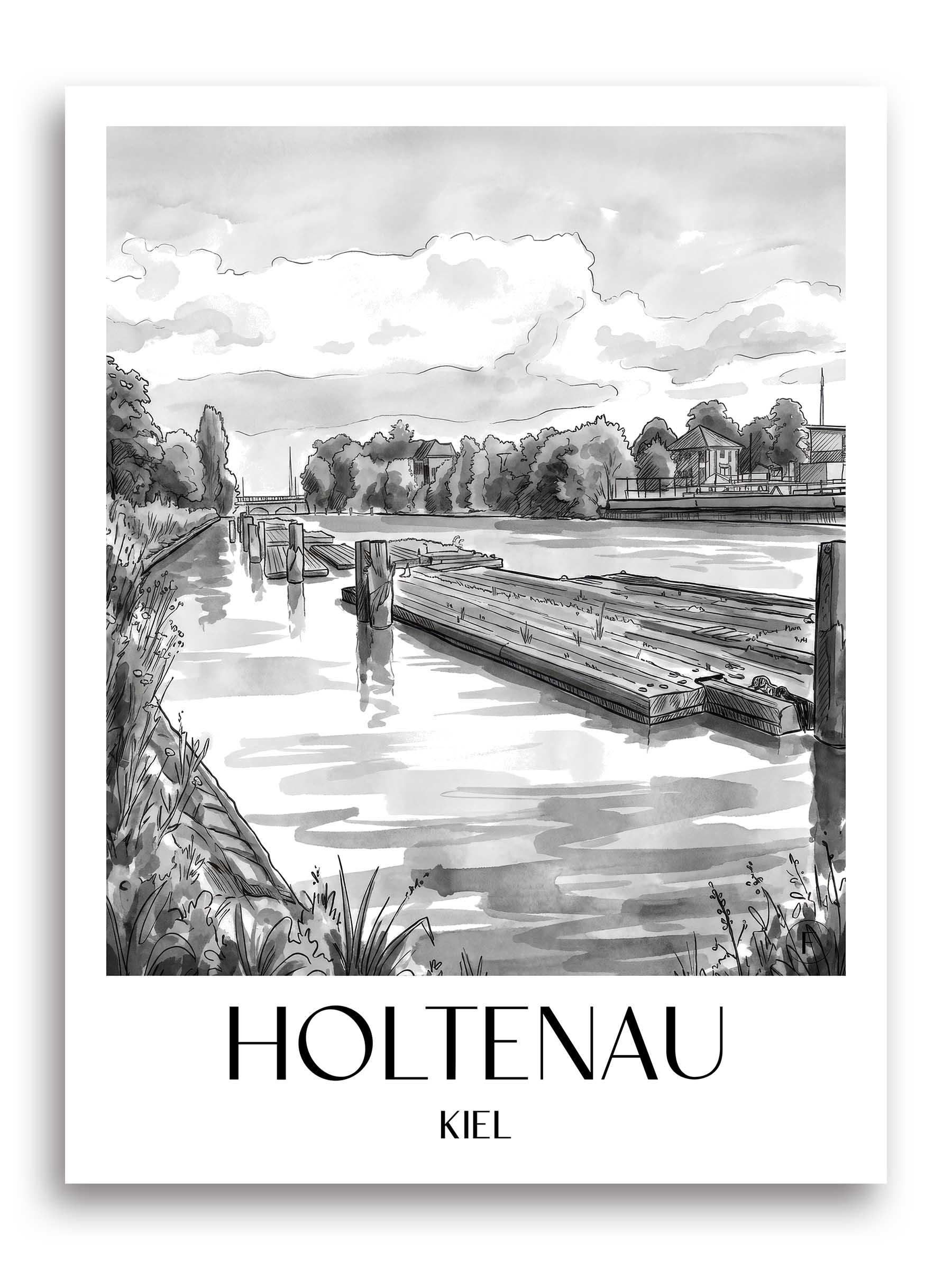 holtenau-kiel-deutschland-poster-aquarell-schwarz-weiss