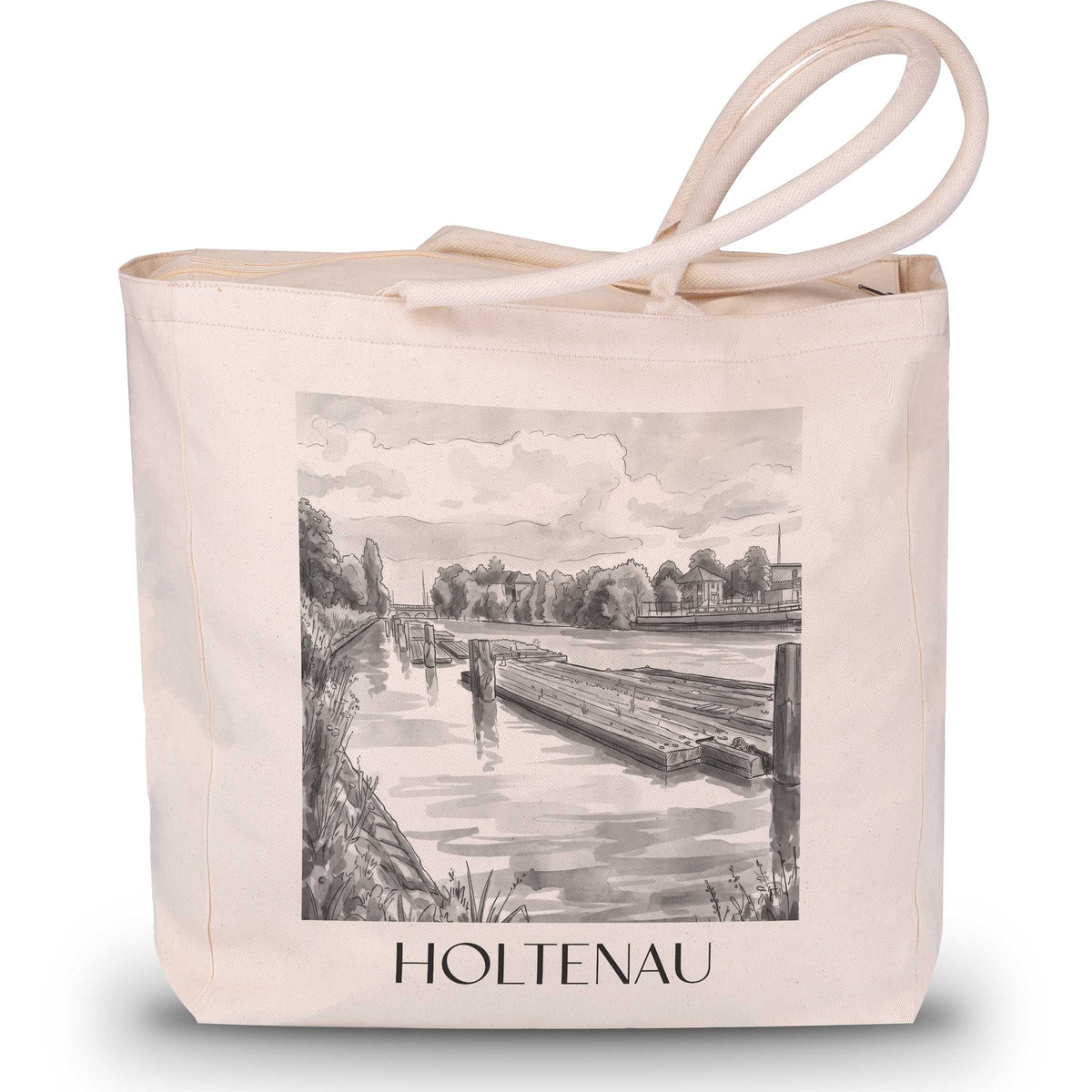 Holtenau Shopping Tasche - Kiel - Deutschland Tote Bag - Einkaufstasche im Aquarell Schwarz-Weiß Stil - favplace